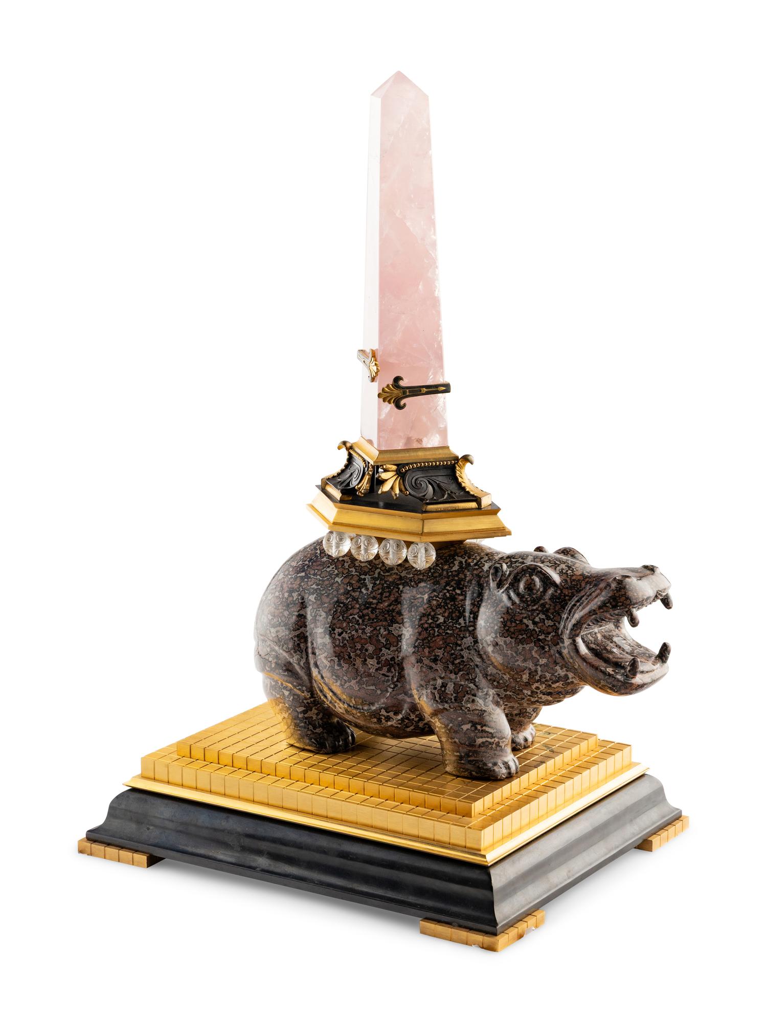 An Ormolu, Pink Quartz, Glass, Hardstone and Black Marble Hippopotamus Obelisk