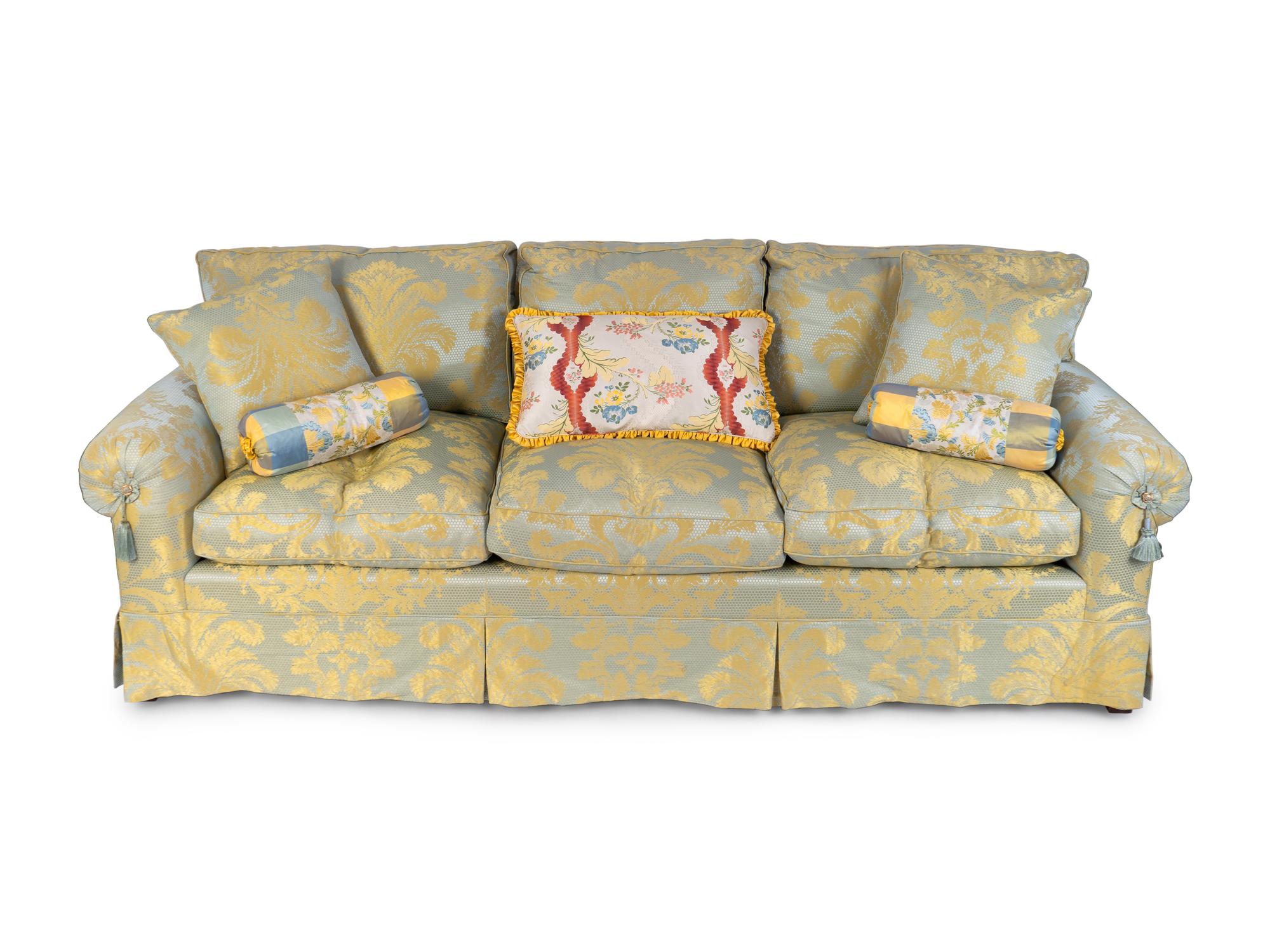 An Upholstered Three Cushion Sofa in Aqua and Gold Silk Damask — 21ST CENTURY