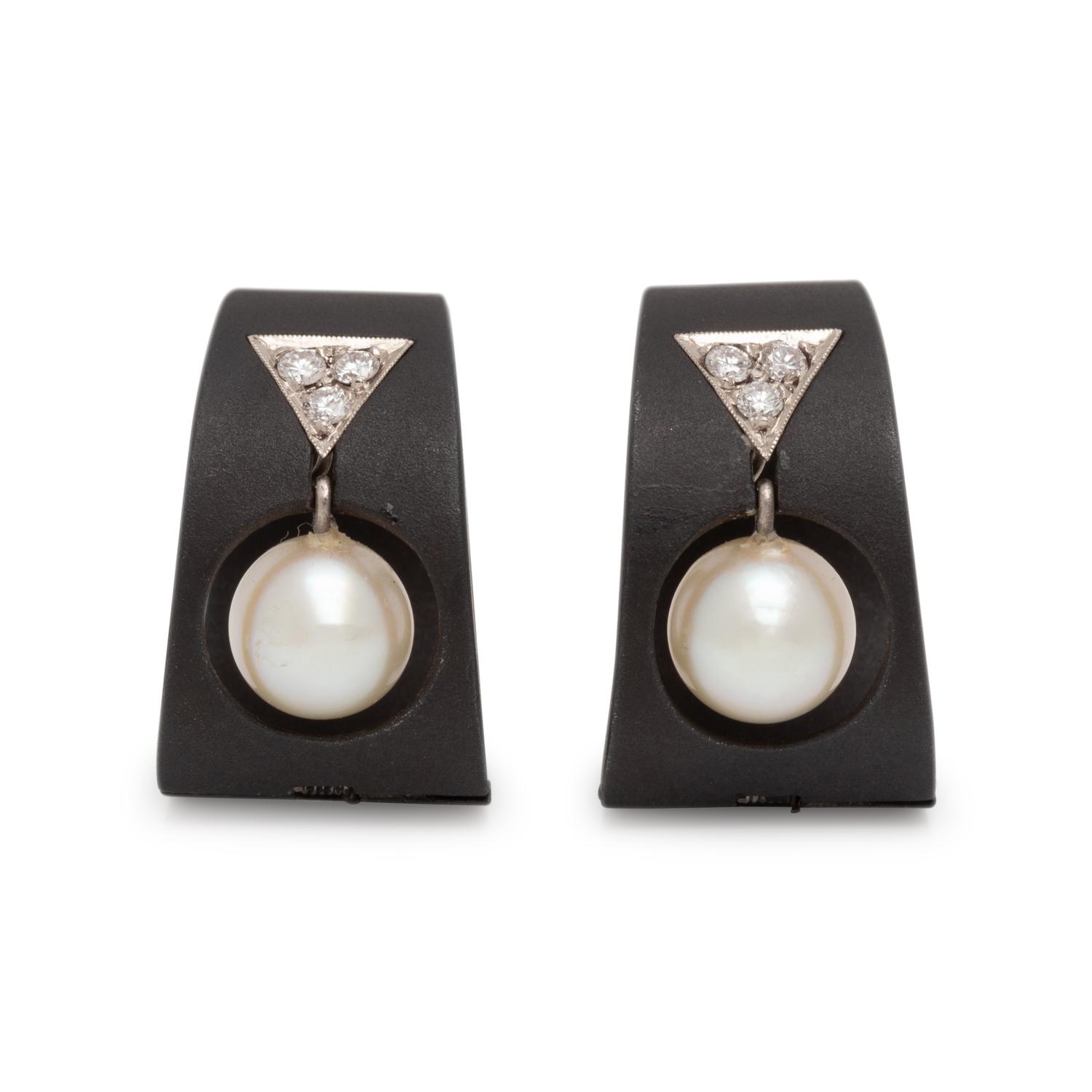 MARSH & CO, ART MODERNE, BLACKENED STEEL, CULTURED PEARL AND DIAMOND EARCLIPS