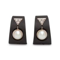 MARSH & CO, ART MODERNE, BLACKENED STEEL, CULTURED PEARL AND DIAMOND EARCLIPS