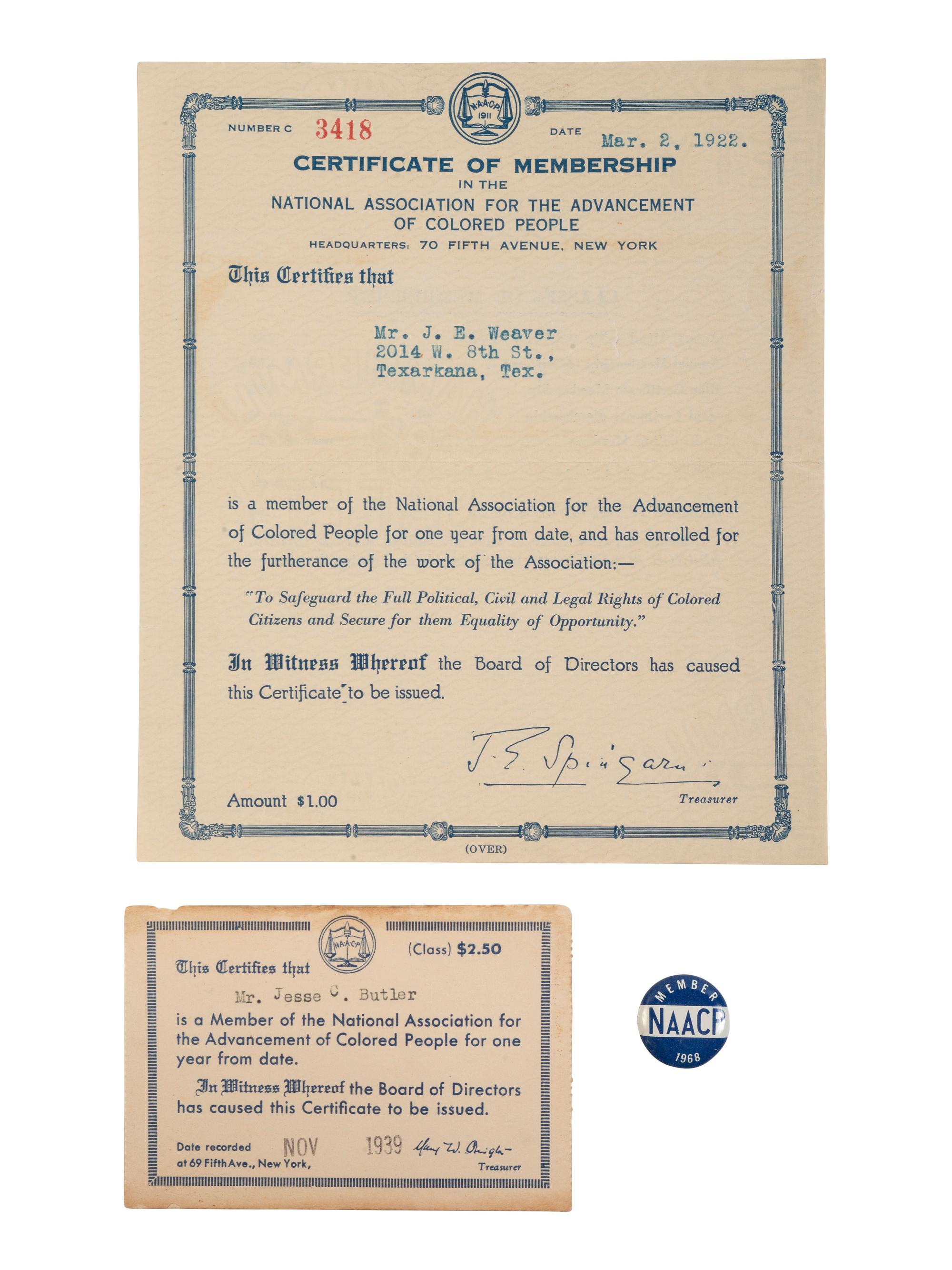 [CIVIL RIGHTS]. A group of items related to the NAACP incl. membership card and certificate.