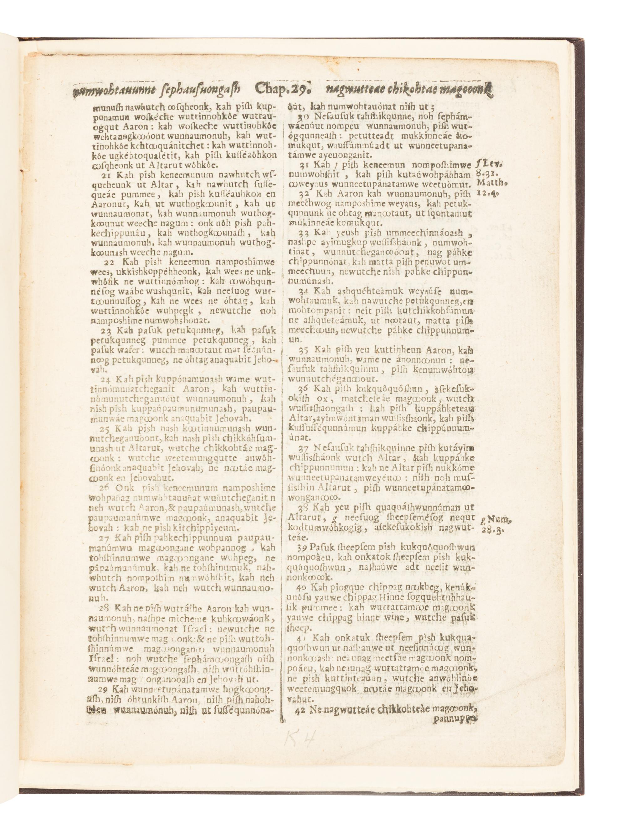 [LEAF BOOK]. [ELIOT, John (1604-1690)]. The First American Bible. A Leaf from a Copy of the Bible translated into the Indian Language by John Eliot and printed at Cambridge in New England in the Year 1663 . Boston: D.B. Updike at The Merrymount Press for Charles E. Goodspeed and Company, 1929.