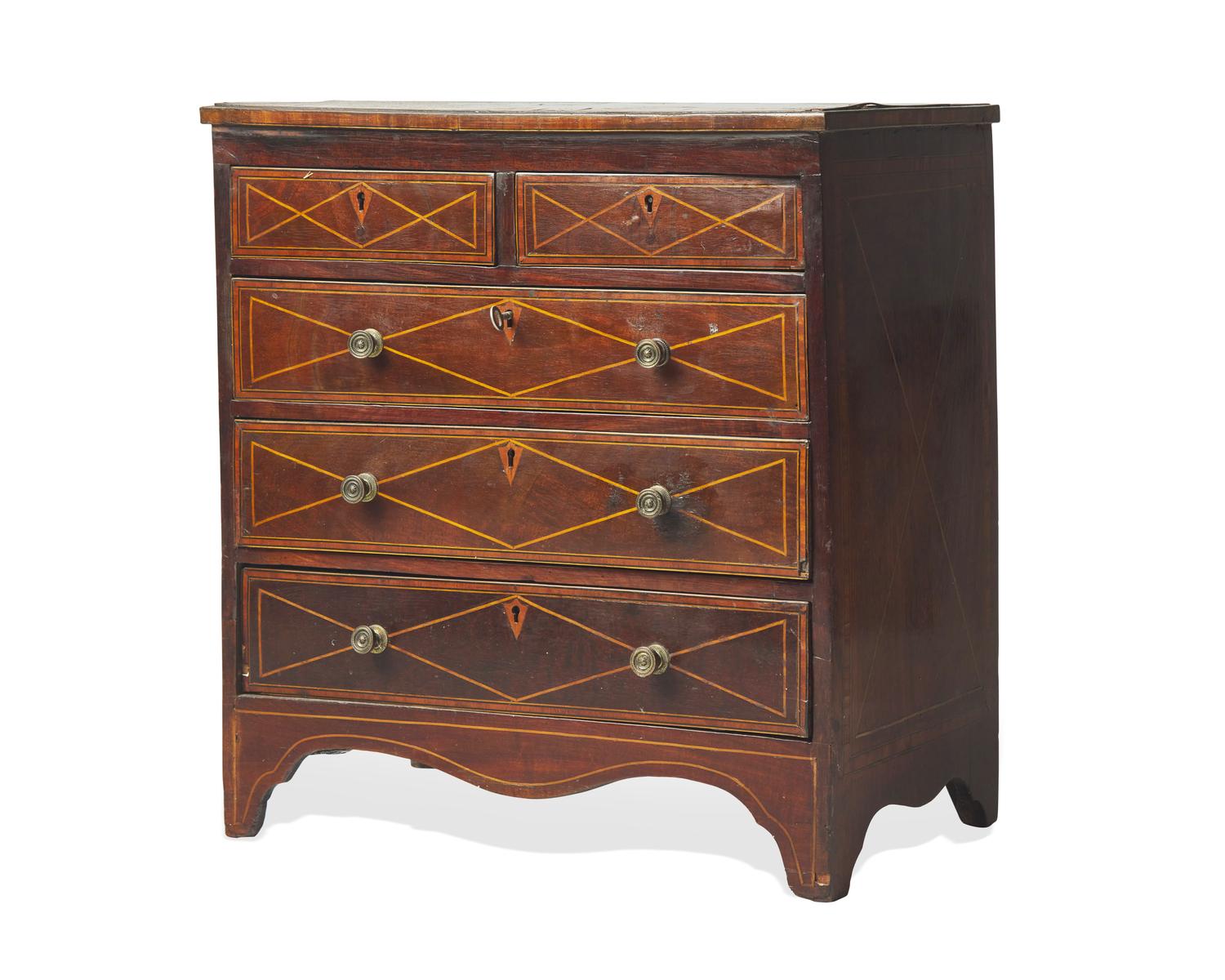 A Miniature Regency Inlaid Mahogany and Mahogany Veneered Chest of Drawers, Continental, Circa 1800