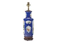 A Chinese Famille Verte Porcelain Roleau Vase Mounted As A Lamp