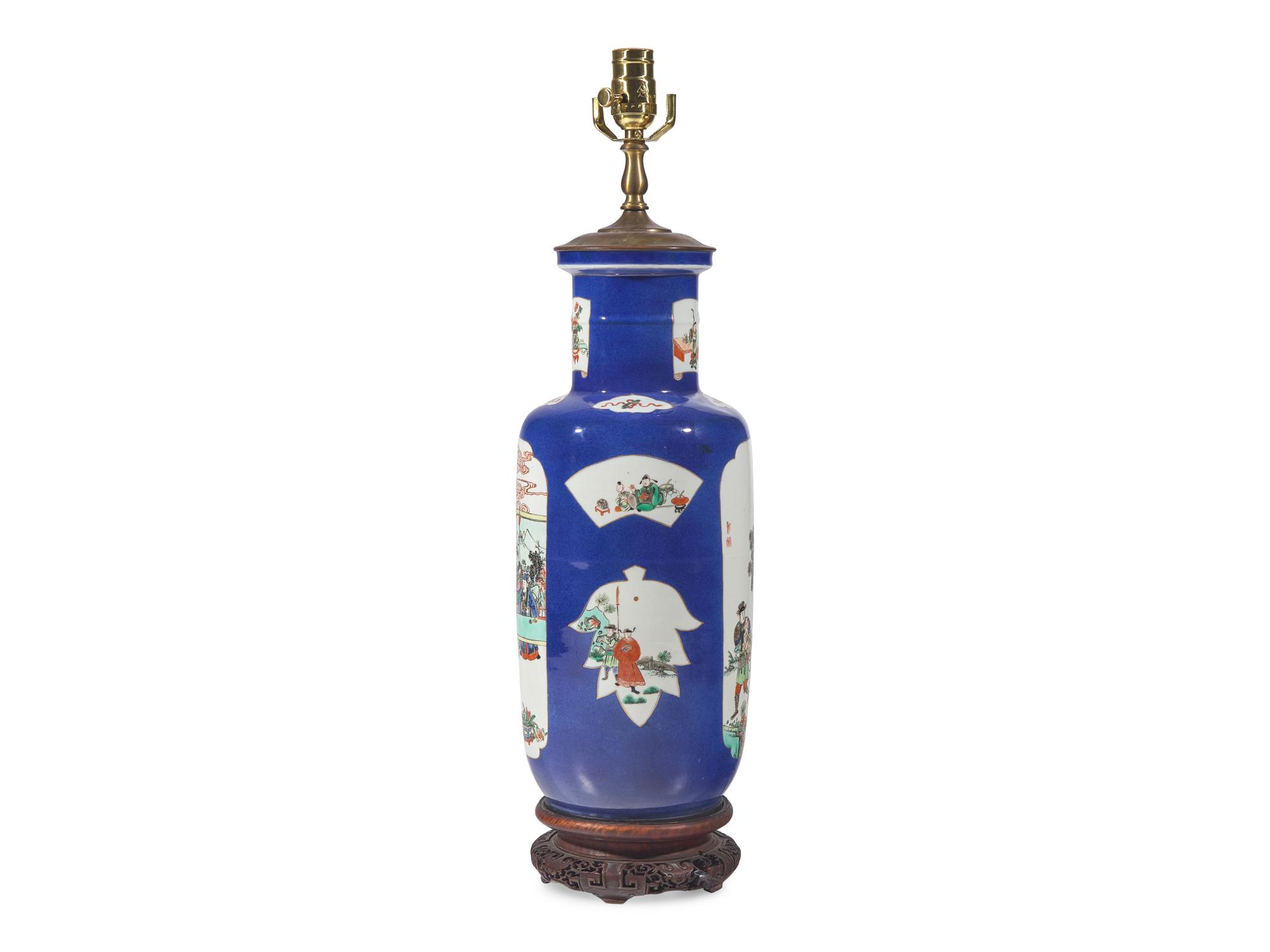 A Chinese Famille Verte Porcelain Roleau Vase Mounted As A Lamp