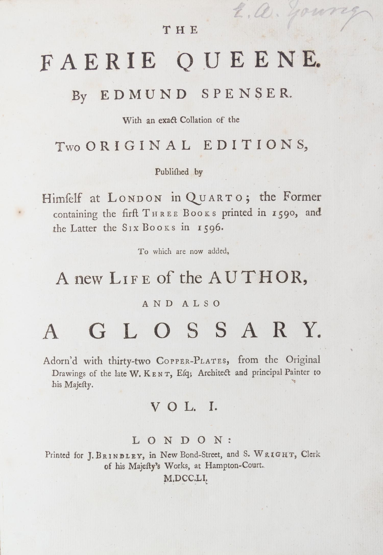 SPENCER, (EDMUND) The Faerie Queene. London, 1751. 3 vols.