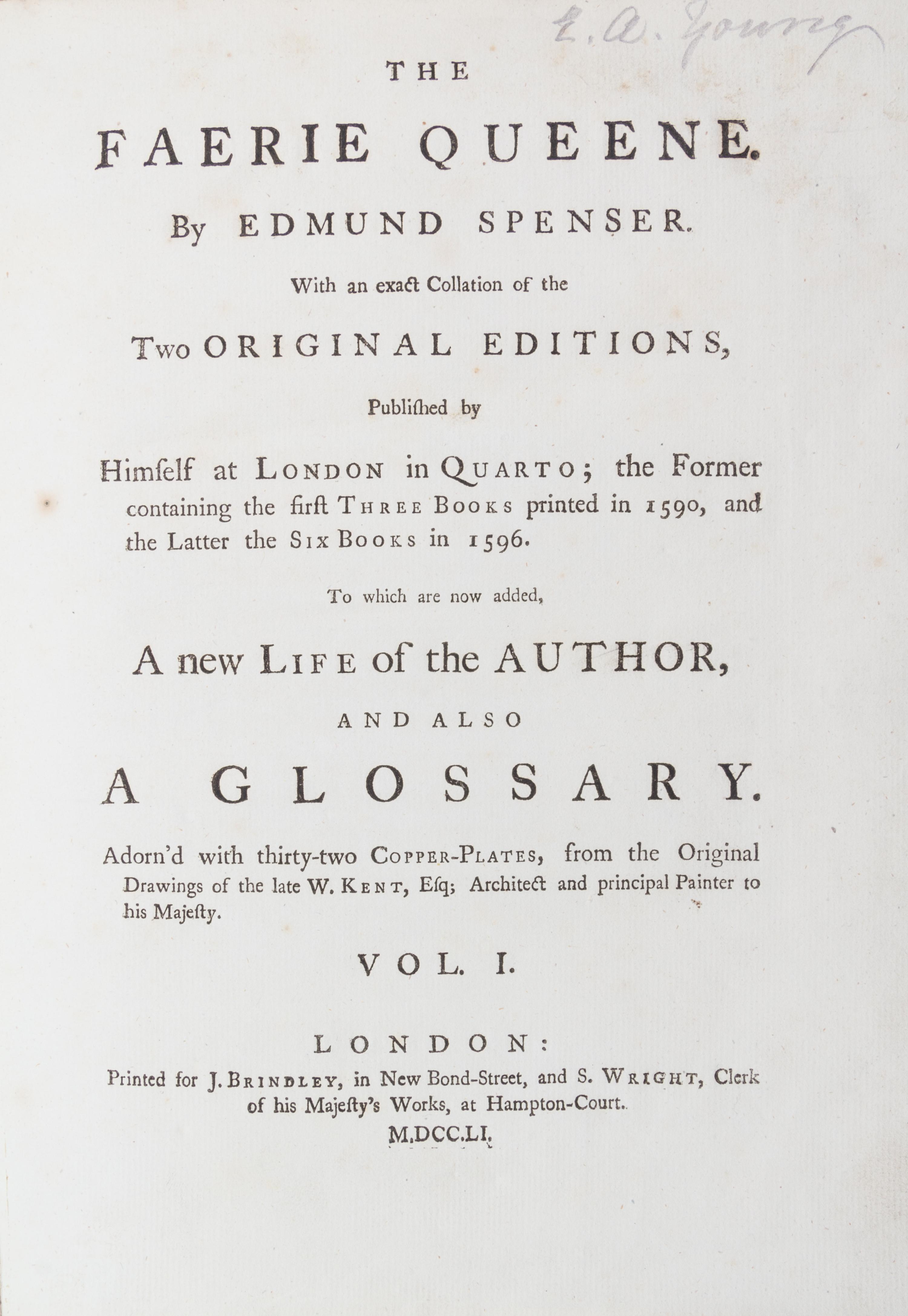 SPENCER, (EDMUND) The Faerie Queene. London, 1751. 3 vols.