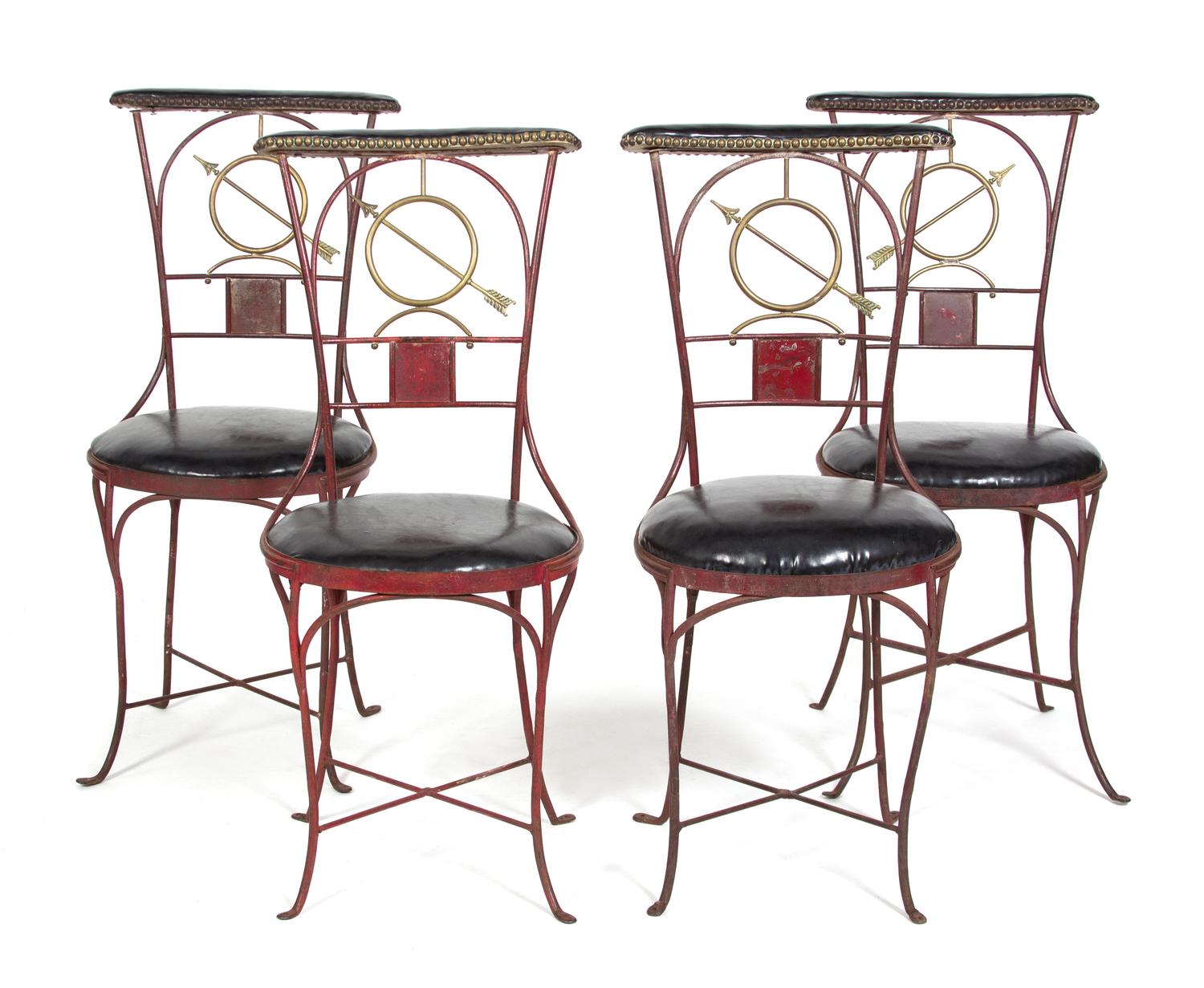 A Set of Four French Painted and Parcel Gilt Metal Side Chairs Height 36 inches. — 20TH CENTURY