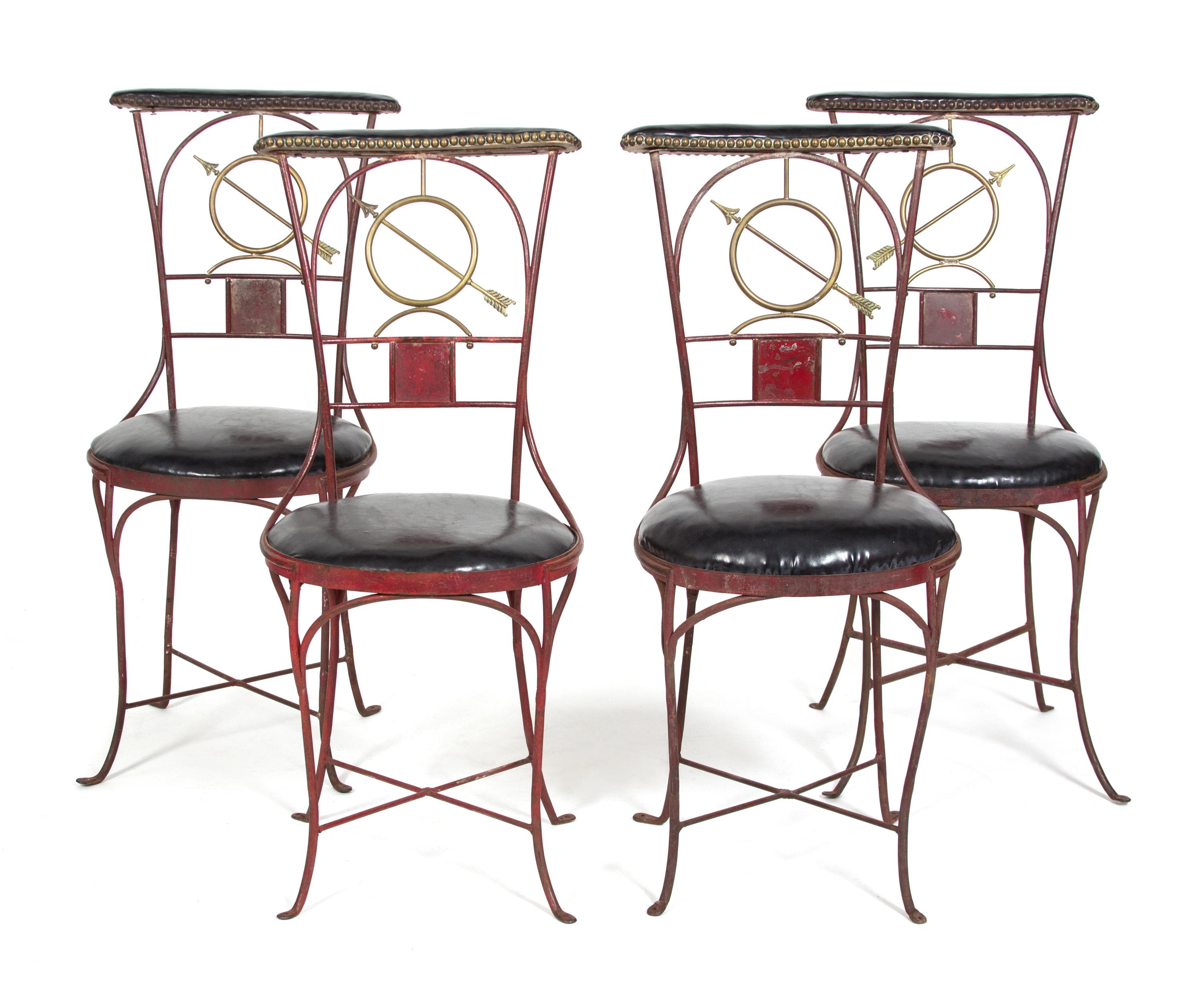 A Set of Four French Painted and Parcel Gilt Metal Side Chairs Height 36 inches. — 20TH CENTURY