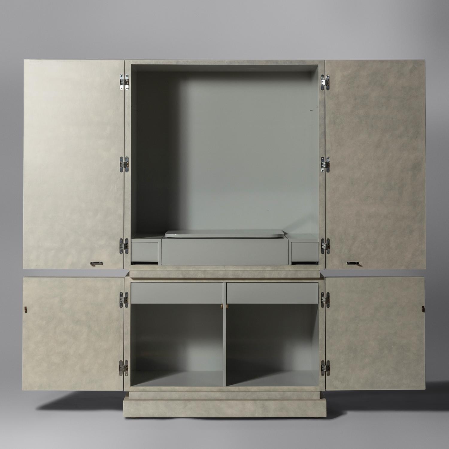 Custom cabinet in scored leather finish, 1987