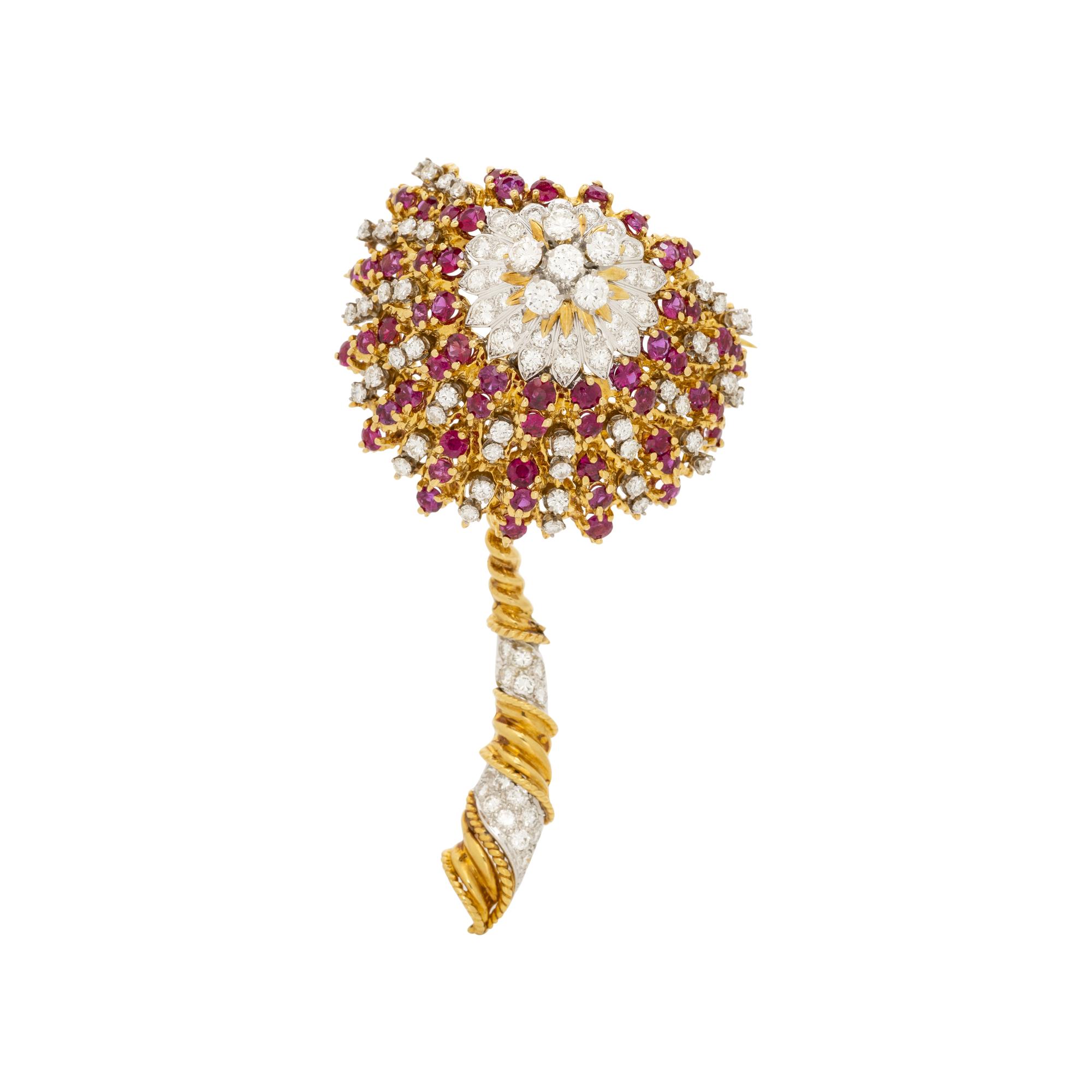 DIAMOND AND RUBY FLOWER BROOCH
