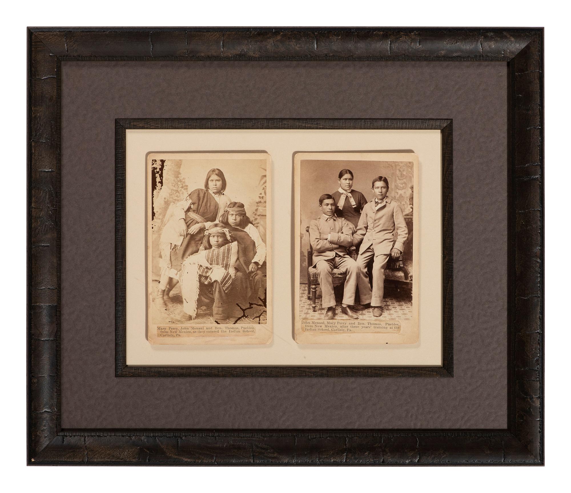 [CHOATE, John N. (1848-1902), photographer]. A pair of cabinet cards featuring identified Pueblo students at Carlisle Indian School, before and after. [Carlisle, PA]: ca 1880-83.