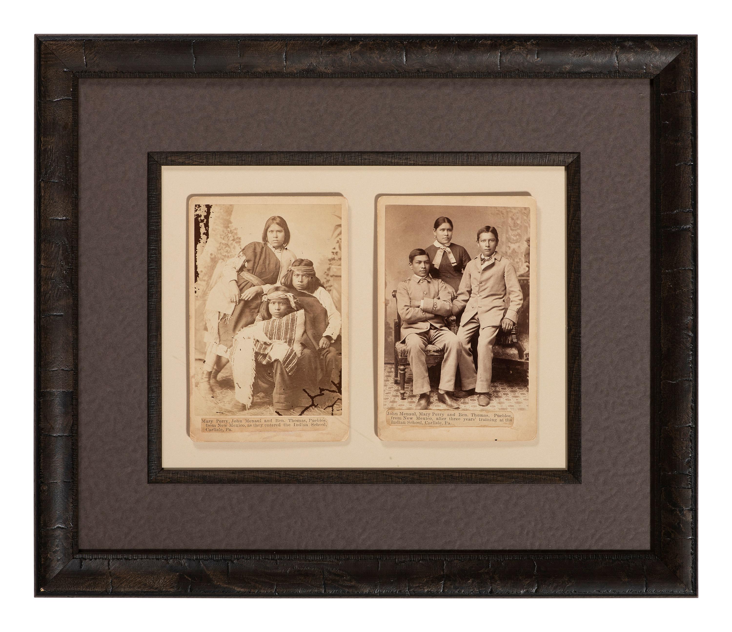 [CHOATE, John N. (1848-1902), photographer]. A pair of cabinet cards featuring identified Pueblo students at Carlisle Indian School, before and after. [Carlisle, PA]: ca 1880-83.