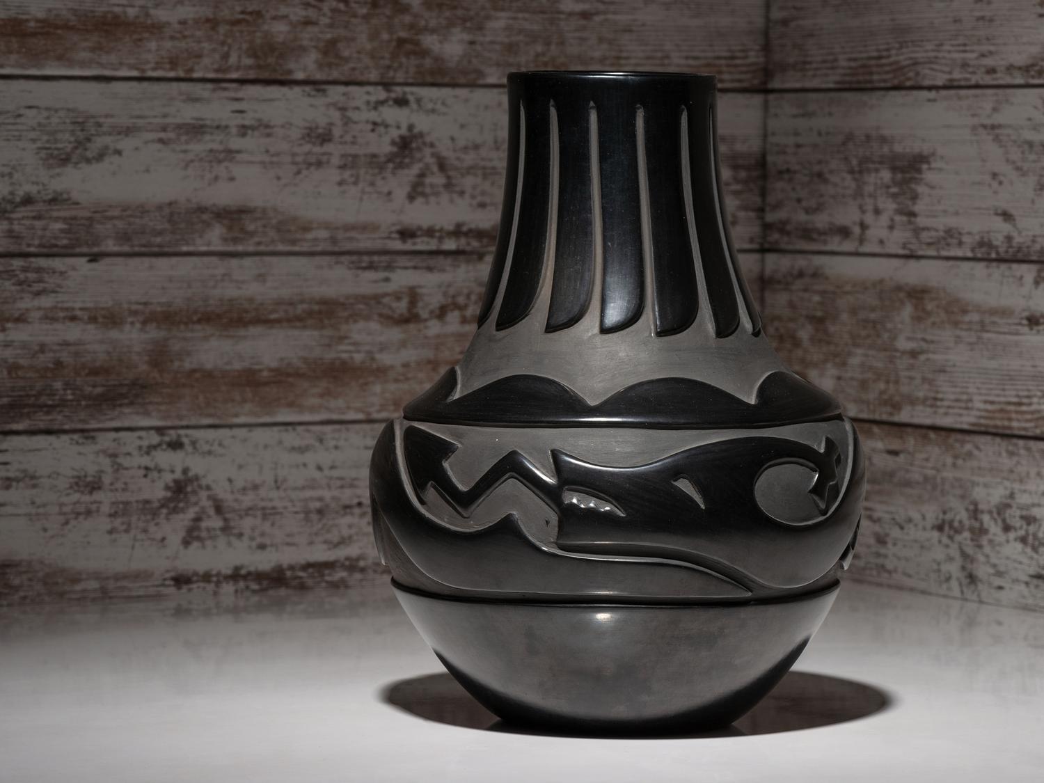Carve Blackware Pottery Jar, with Avanyu