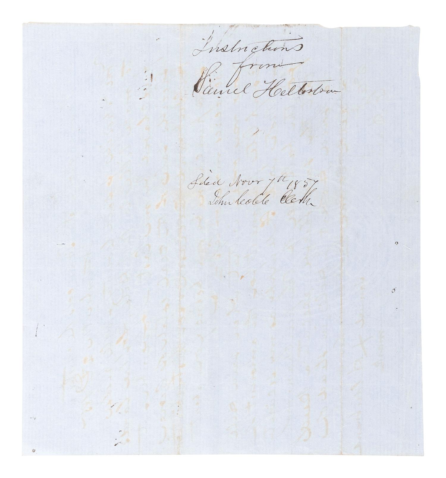 HILDEBRAND, Samuel (1836-1872). Pre-Civil War manuscript bearing X-mark signature of the notorious Missouri "Bushwacker." 2 November 1857.