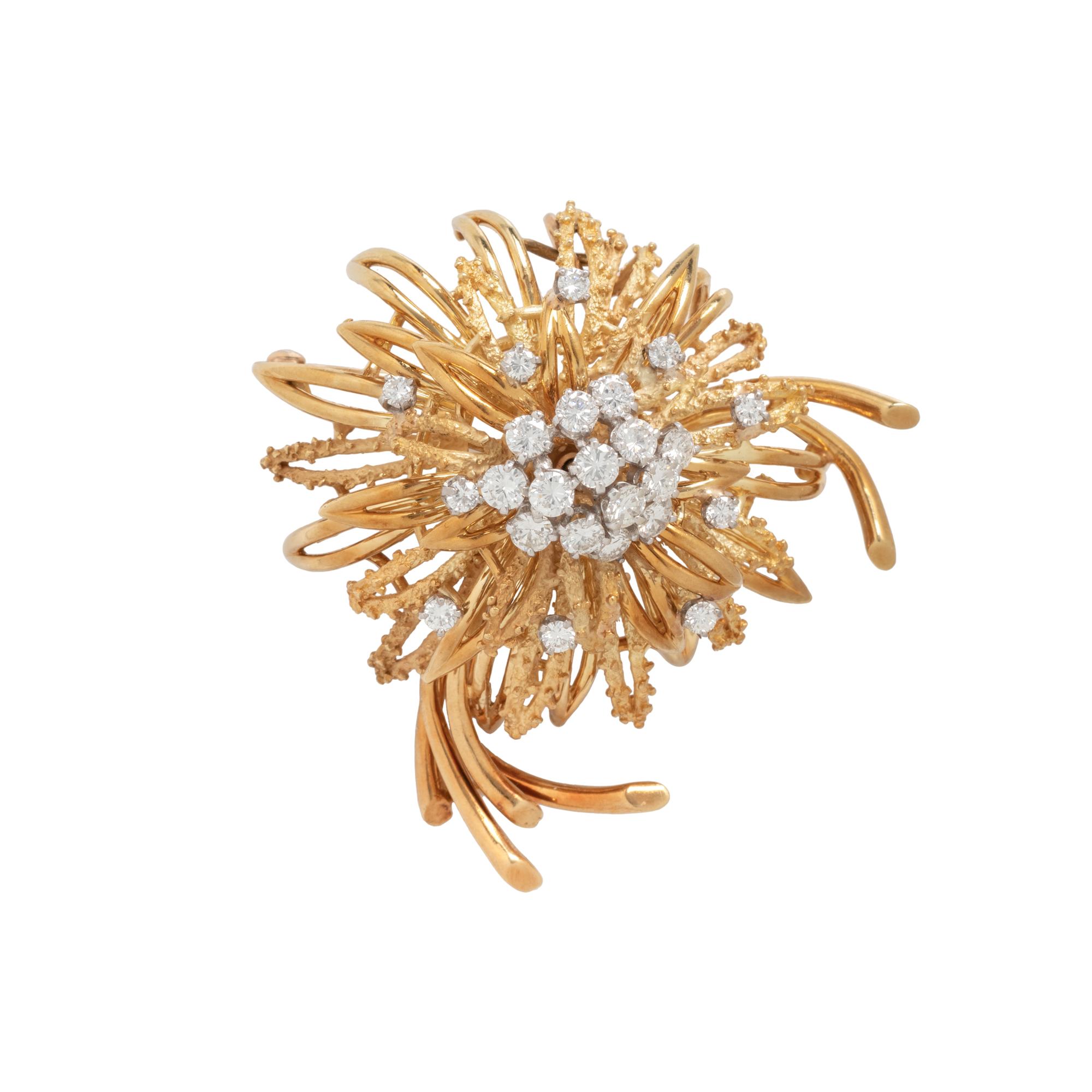 YELLOW GOLD AND DIAMOND FLOWER BROOCH