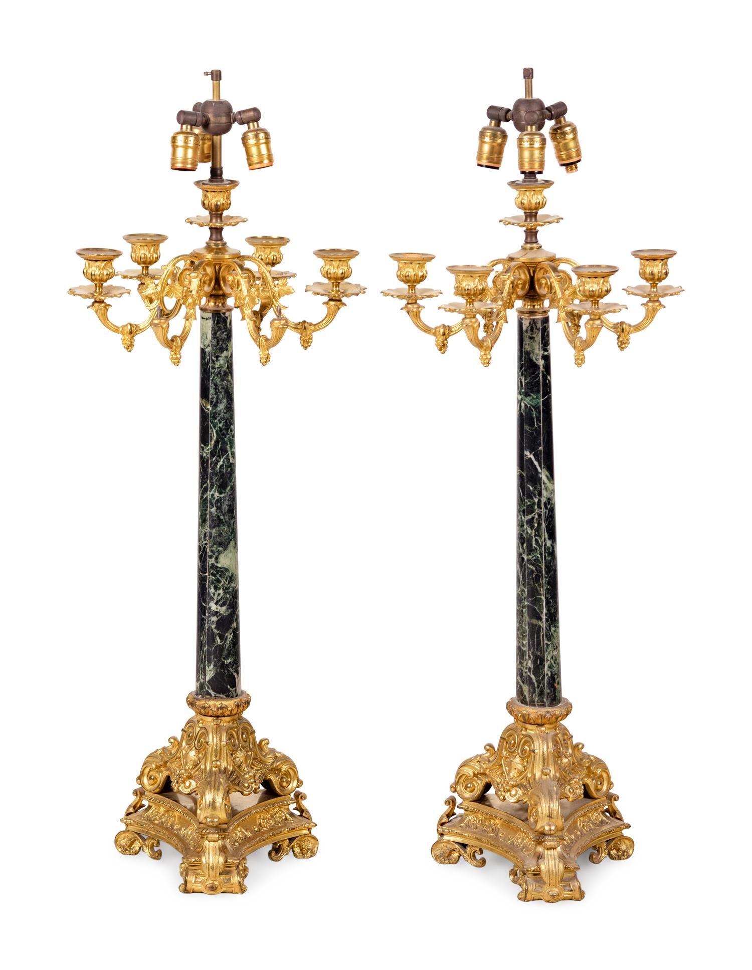 A Pair of Napoleon III Style Gilt Bronze and Marble Candelabra Mounted as Lamps