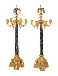 A Pair of Napoleon III Style Gilt Bronze and Marble Candelabra Mounted as Lamps