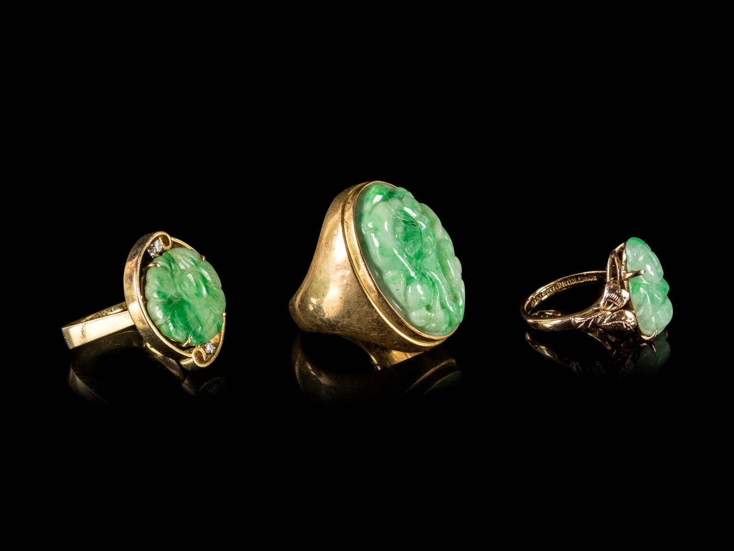 Three Jadeite Inset Gold Rings
