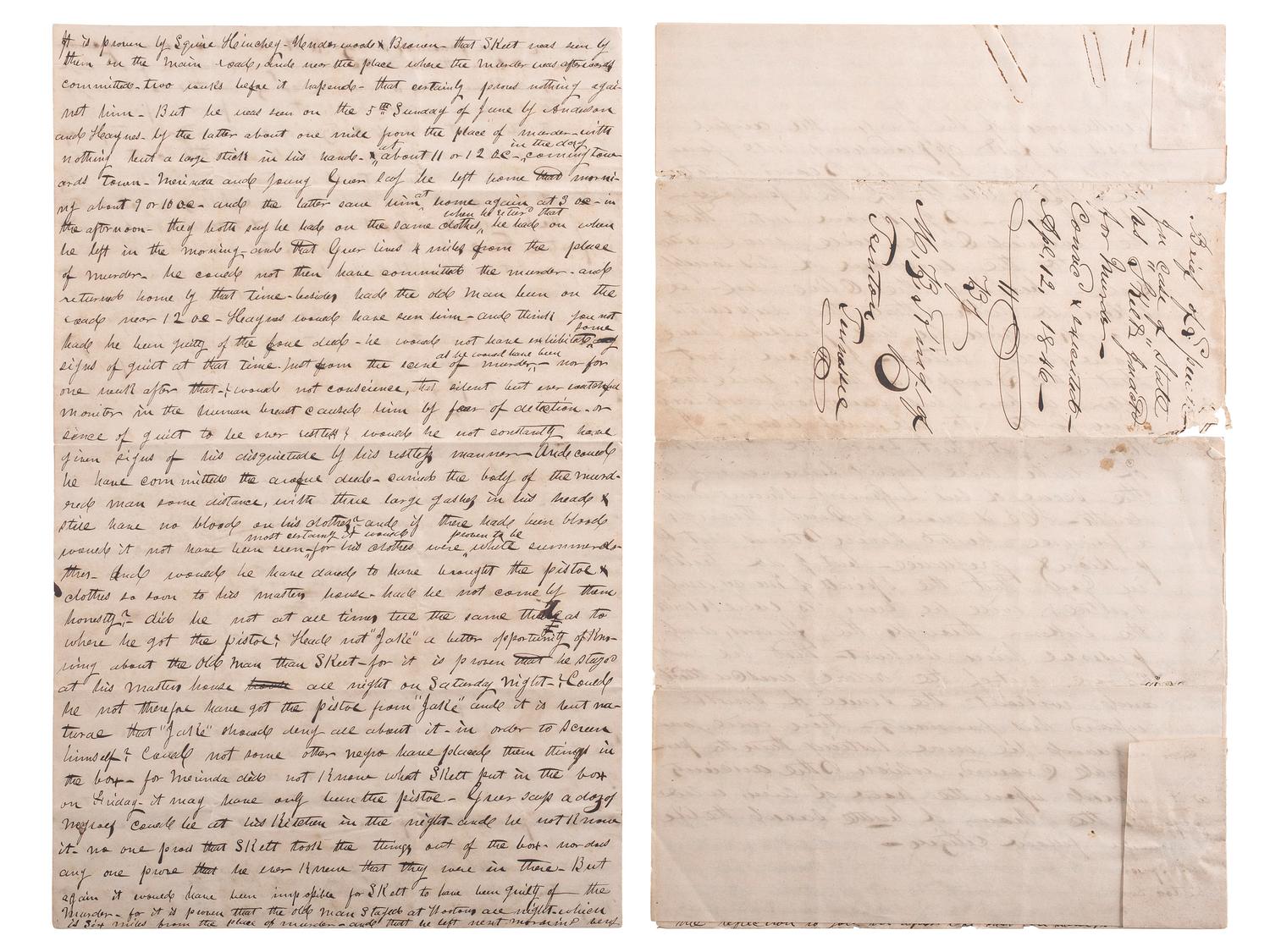[SLAVERY & ABOLITION]. Manuscript trial speech given by M.B. King in defense of Skelt Greer, an enslaved man convicted of murder.
