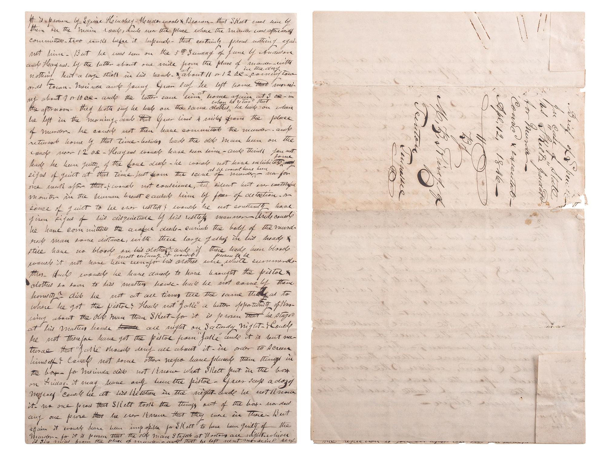 [SLAVERY & ABOLITION]. Manuscript trial speech given by M.B. King in defense of Skelt Greer, an enslaved man convicted of murder.