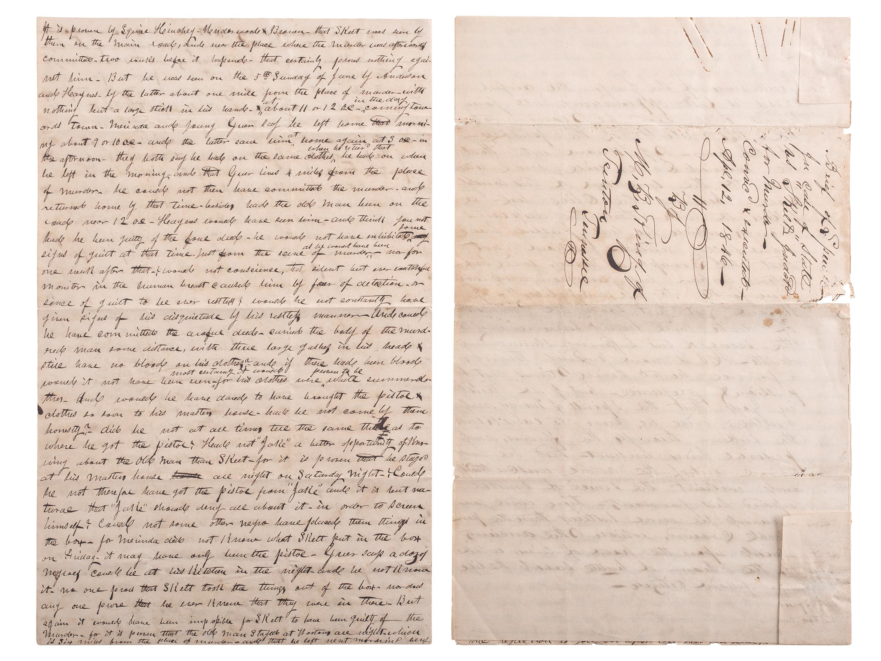 [SLAVERY & ABOLITION]. Manuscript trial speech given by M.B. King in defense of Skelt Greer, an enslaved man convicted of murder.