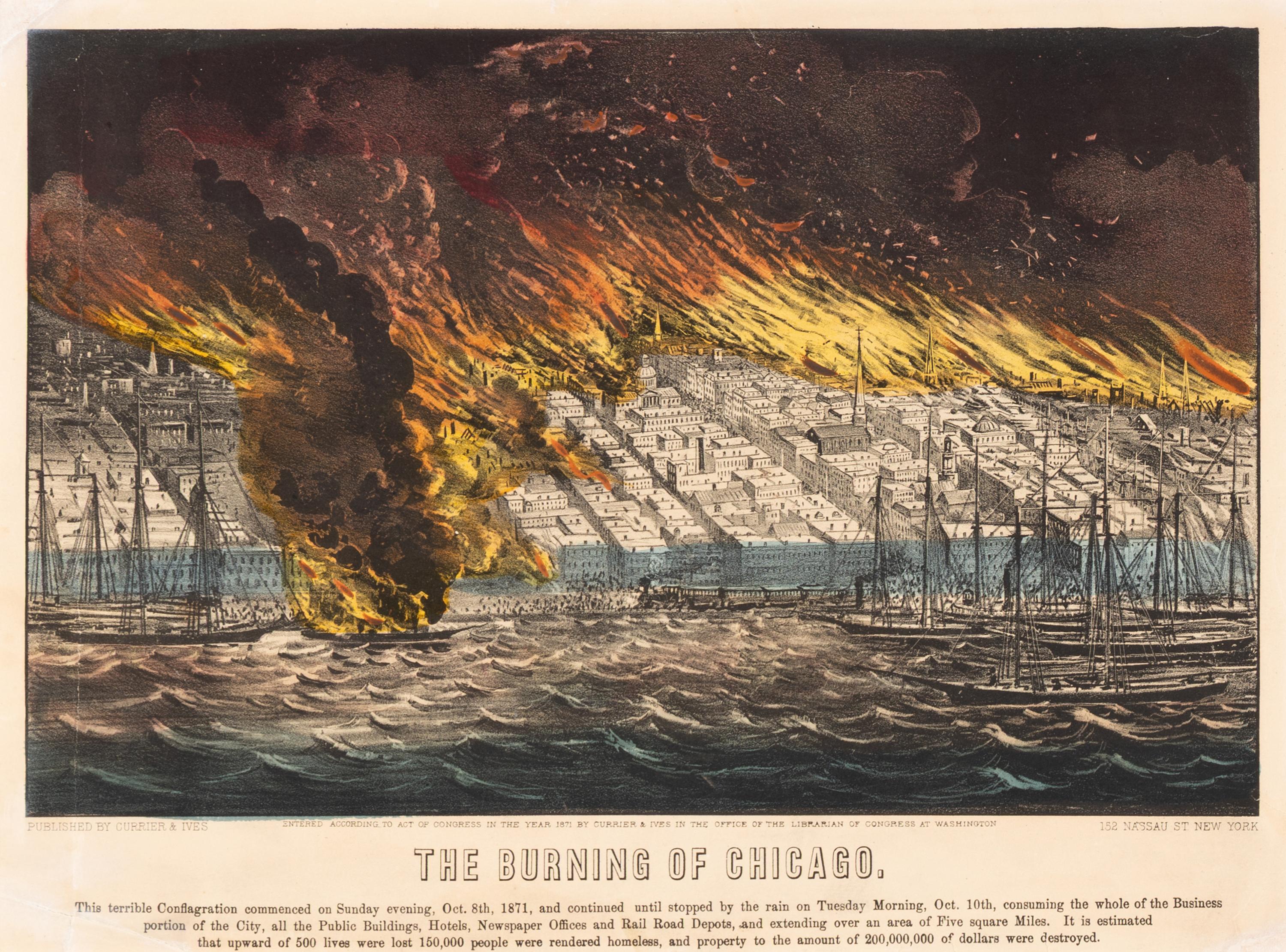 [Chicago Fire]. A group of 10 prints and 2 paintings, showing views of Chicago before and after the Great Fire, including:
