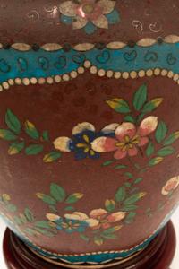 A Pair of Chinese Cloisonné over Porcelain Jars with Wood Bases
