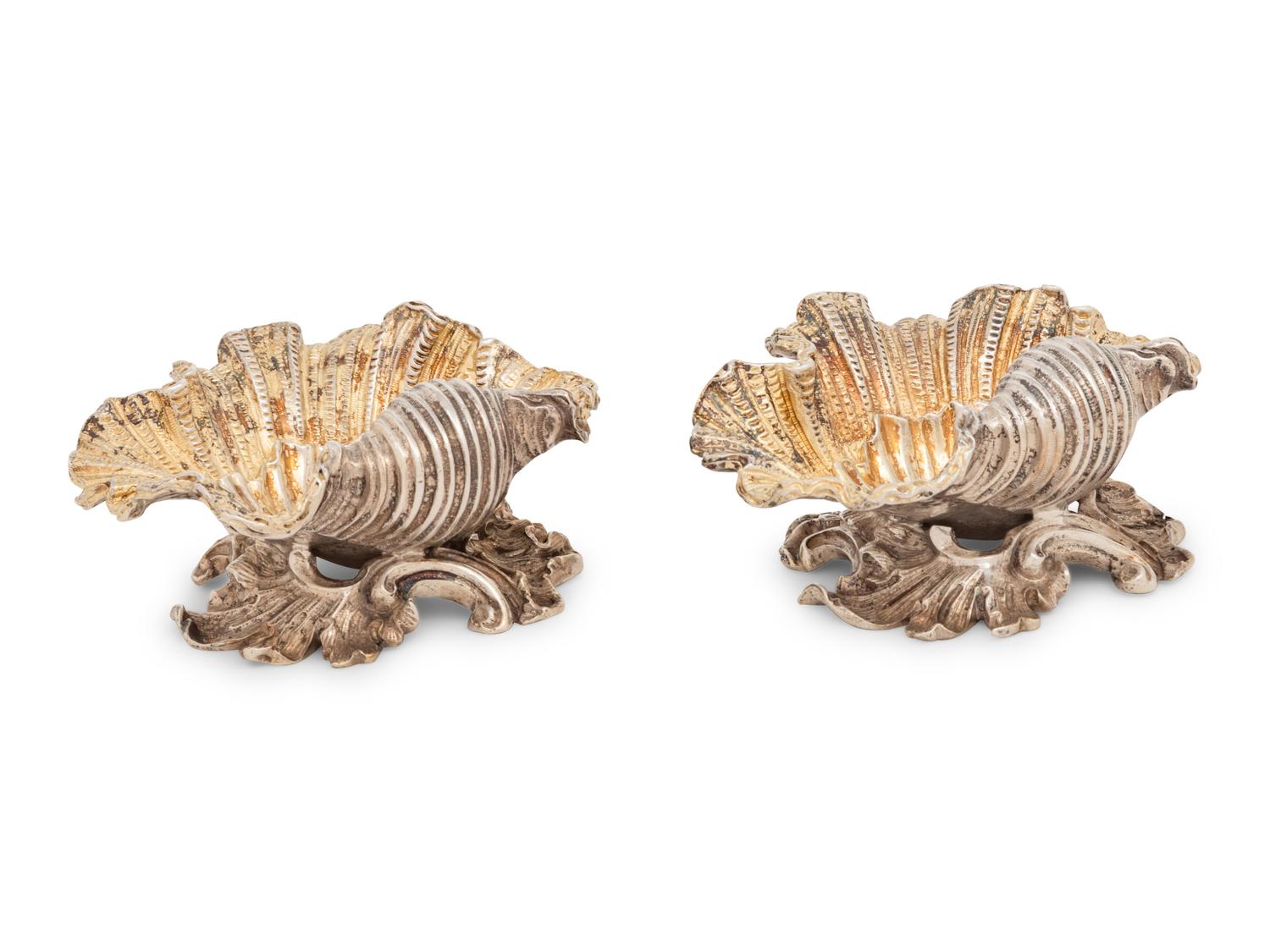 A Pair of William IV Parcel-Gilt Silver Shell-Form Salt Cellars
