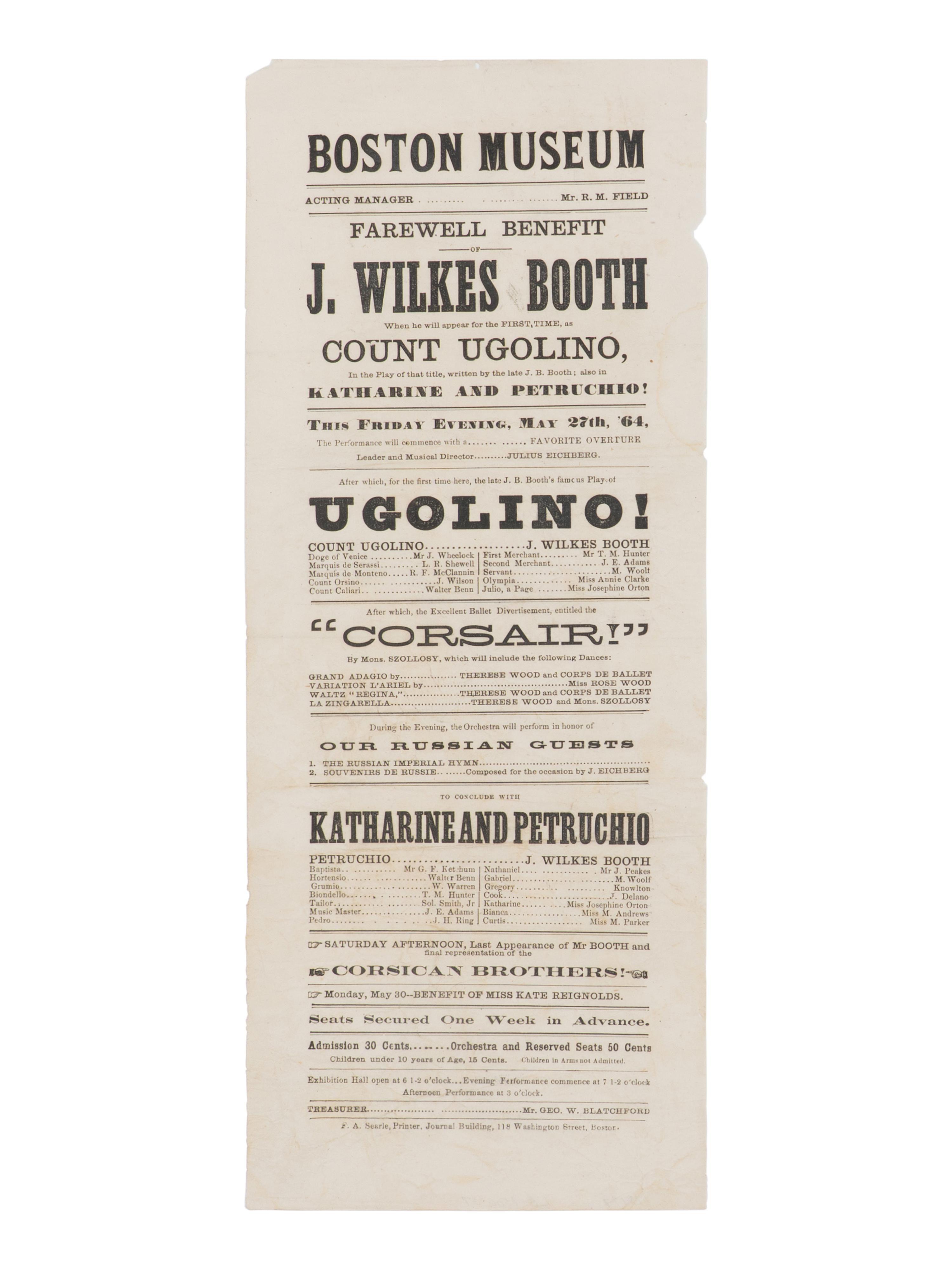 [BOOTH, John Wilkes (1838-1865)]. A broadside playbill for Booth's performance as Count Ugolino in the play of the same title at the Boston Museum, 27 May 1864.