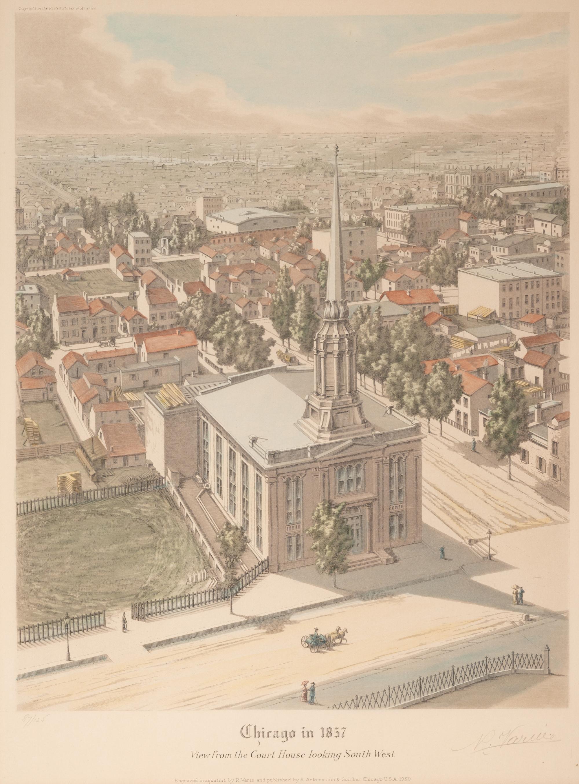 A group of 4 aquatint prints of Chicago by A. Ackermann and Son, Inc., comprising: