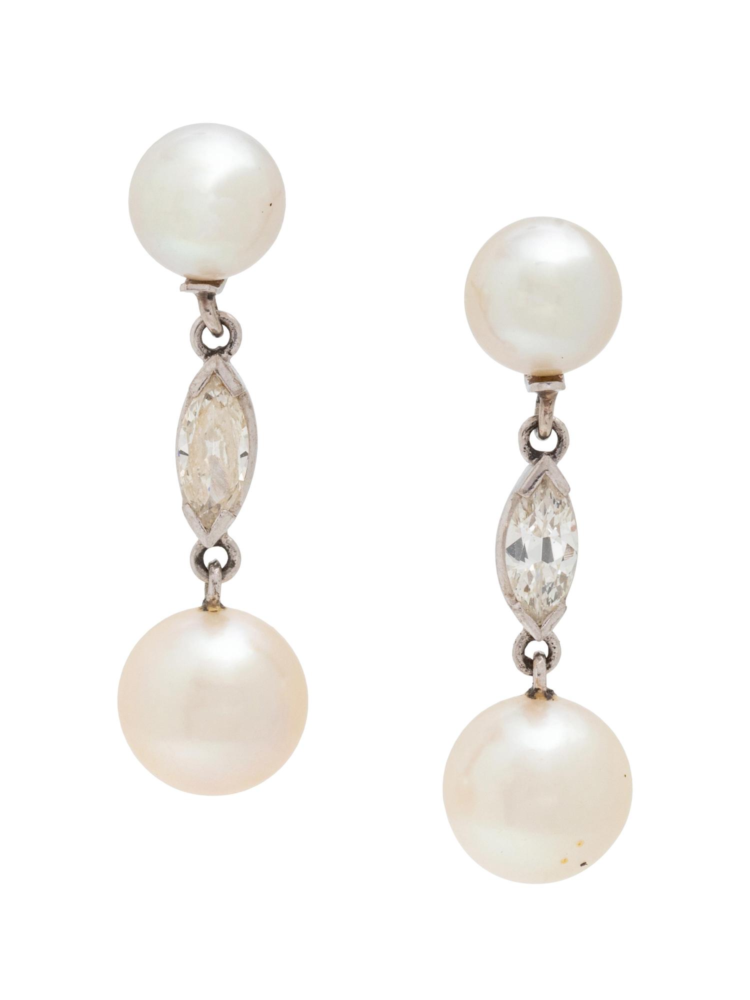 A Pair of 14 Karat White Gold, Diamond and Cultured Pearl Earrings,