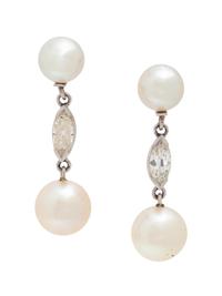 A Pair of 14 Karat White Gold, Diamond and Cultured Pearl Earrings,