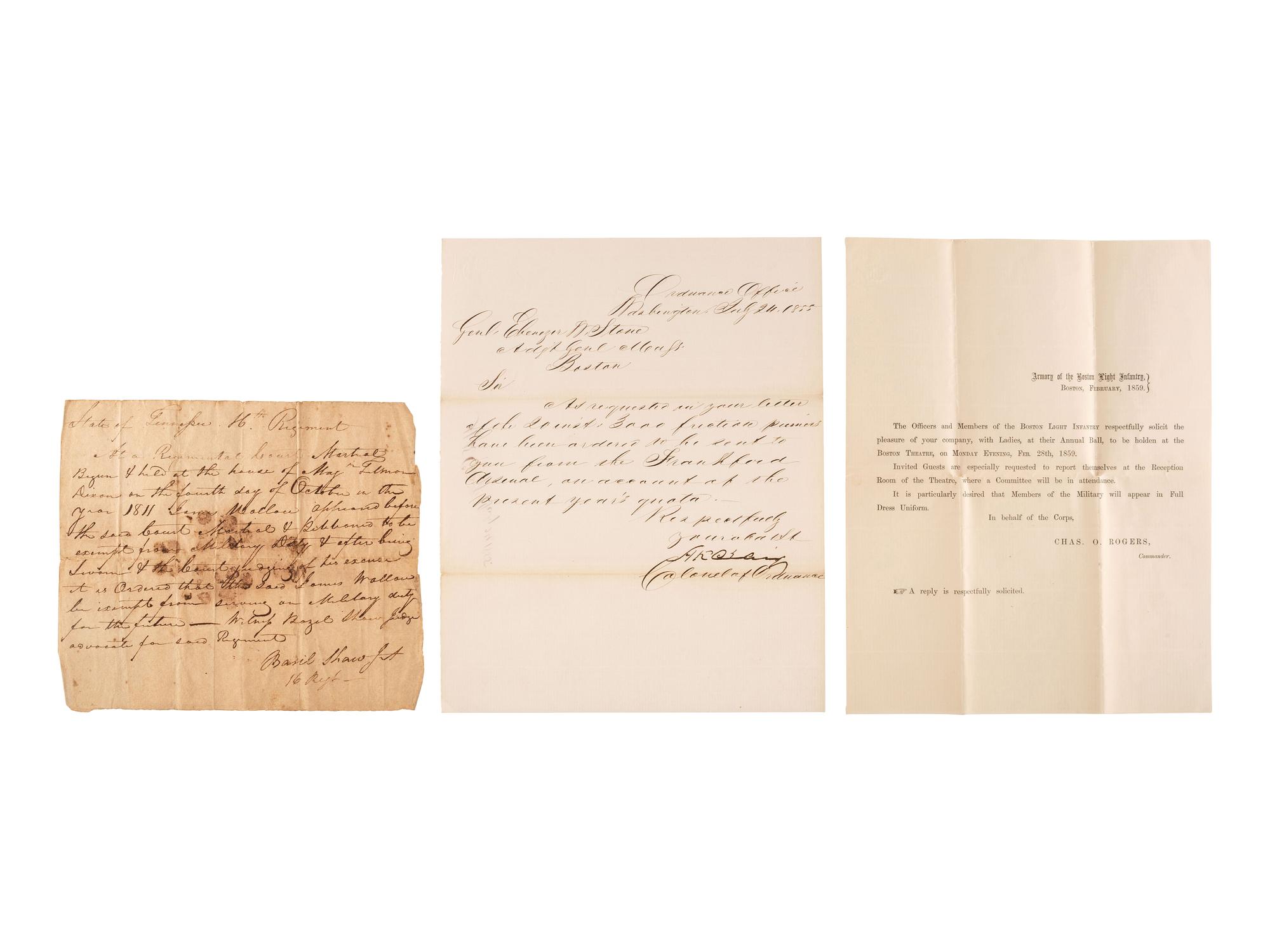 [MILITIA]. A group of documents related to nineteenth-century state militias, including broadsides and a War of 1812 appointment signed by Connecticut Governor John Cotton Smith.