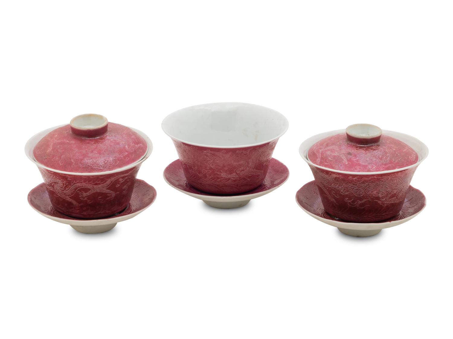 Three Famille Rose Pink Ground Incised Tea Bowls