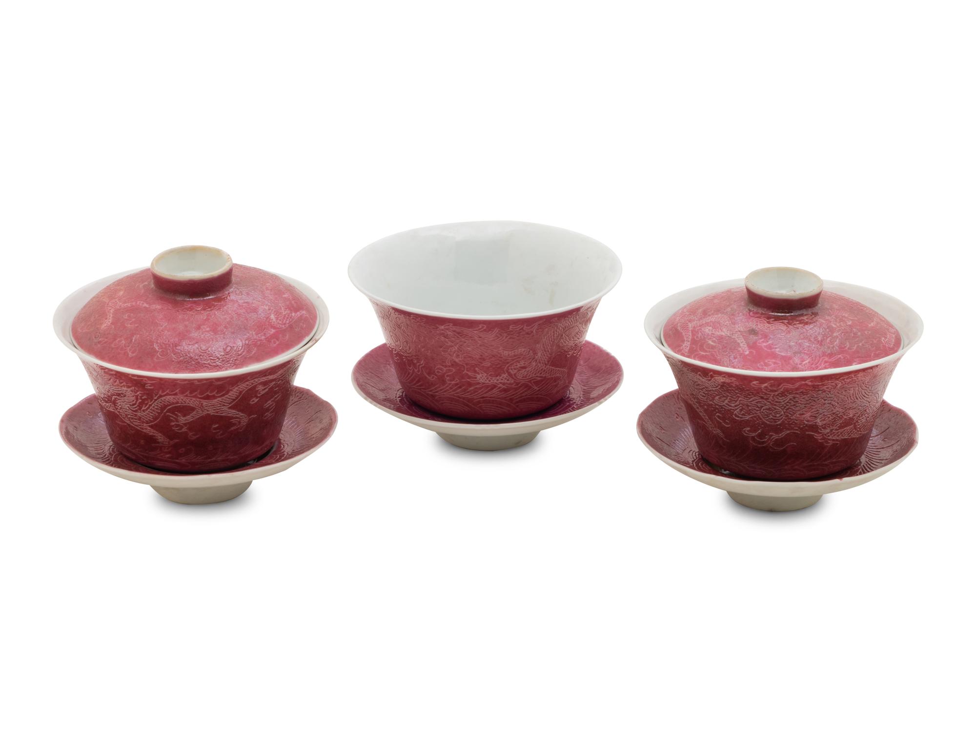 Three Famille Rose Pink Ground Incised Tea Bowls