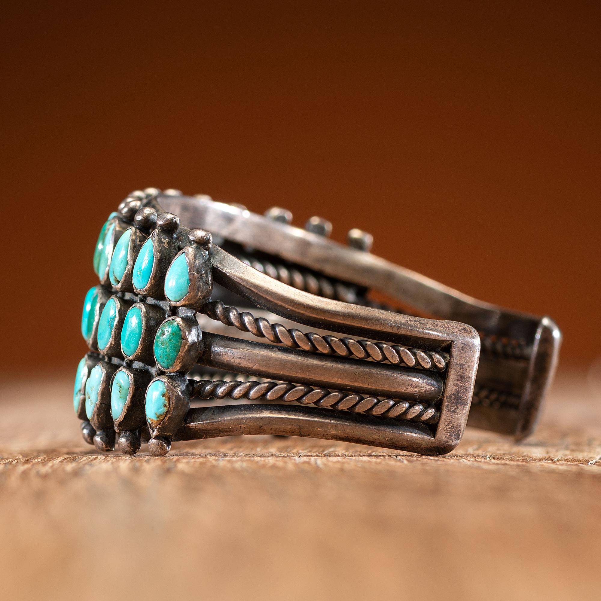 Zuni or Navajo Silver and Petit Point Turquoise Cuff Bracelet