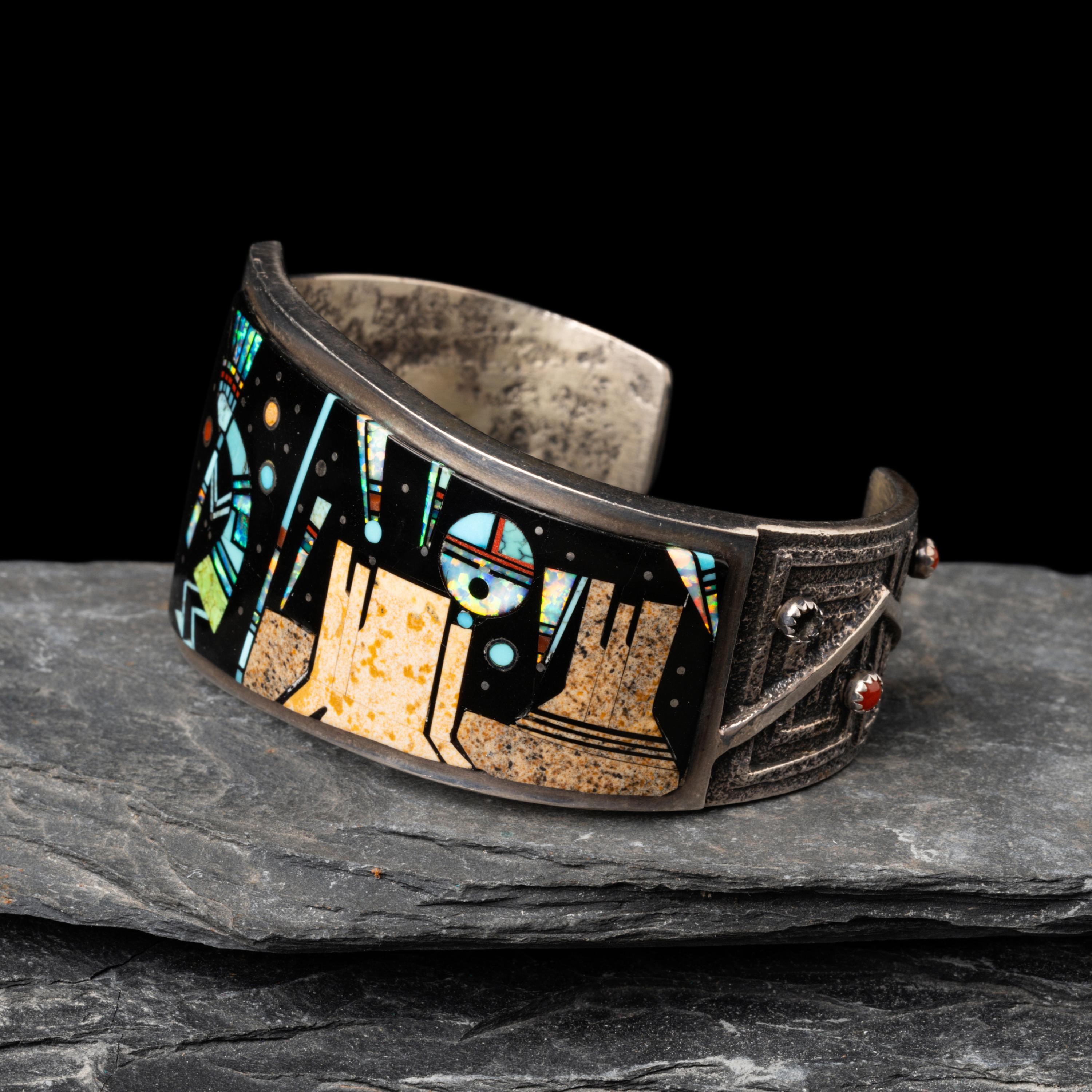 Aaron Anderson (Diné, b. 1970) — Silver Tufa Cast and Mosaic Inlay Cuff Bracelet