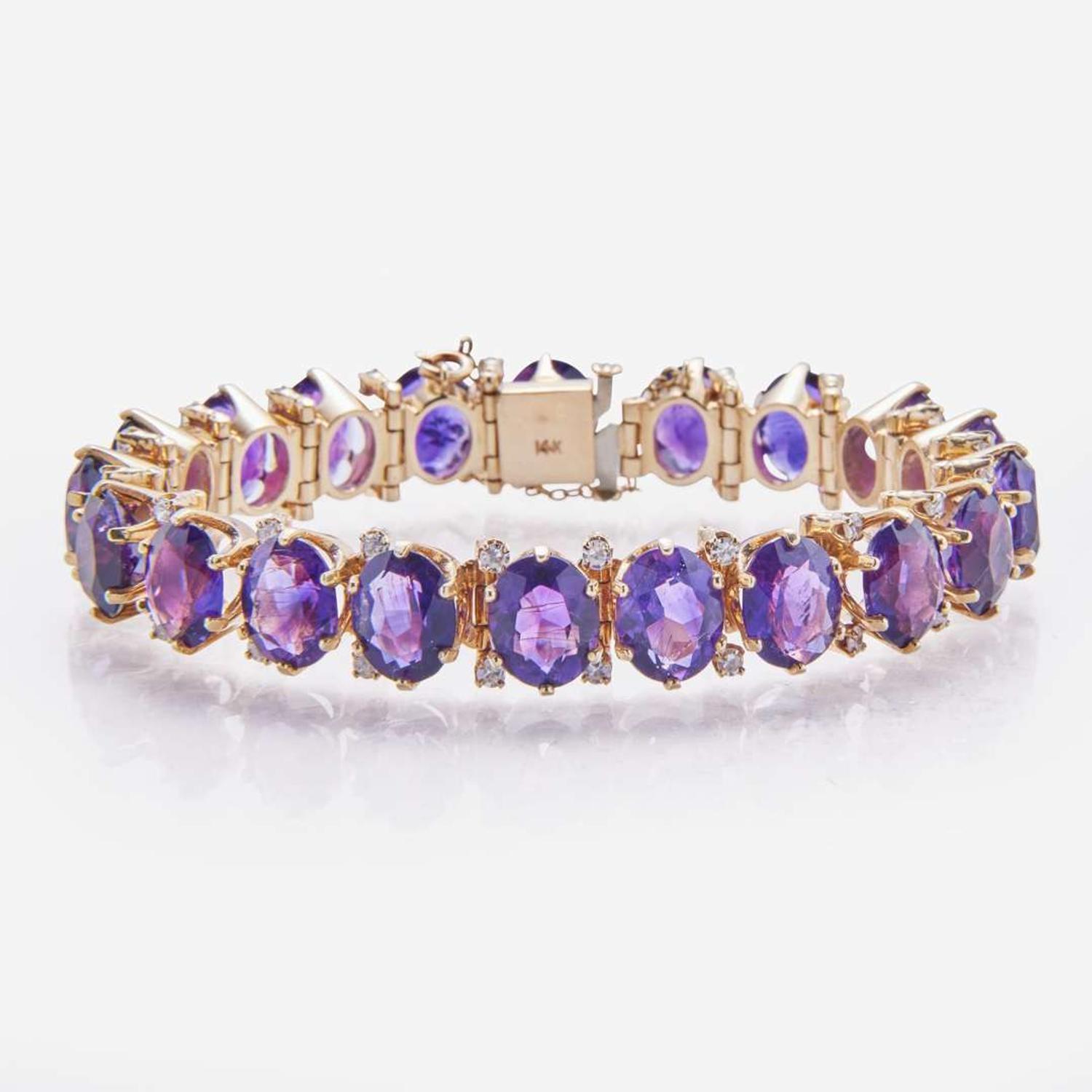 A 14K Yellow Gold, Amethyst, and Diamond Bracelet