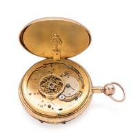 A HISTORIC 18K TRICOLOR GOLD OPEN FACE JACQUEMART AUTOMATON QUARTER REPEATER POCKET WATCH
