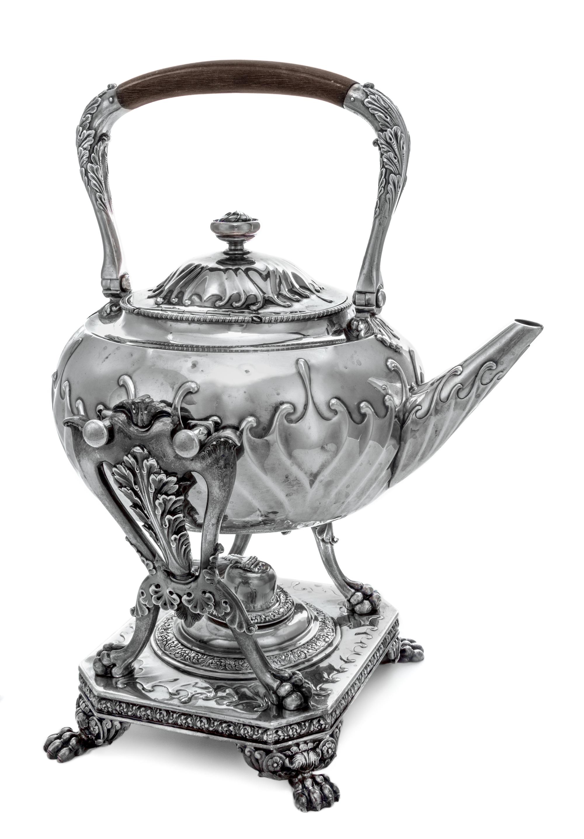 An American Silver Kettle on Stand , Tiffany & Co., New York, NY, Late 19th Century , having an ebonized wood mounted swing handle, the