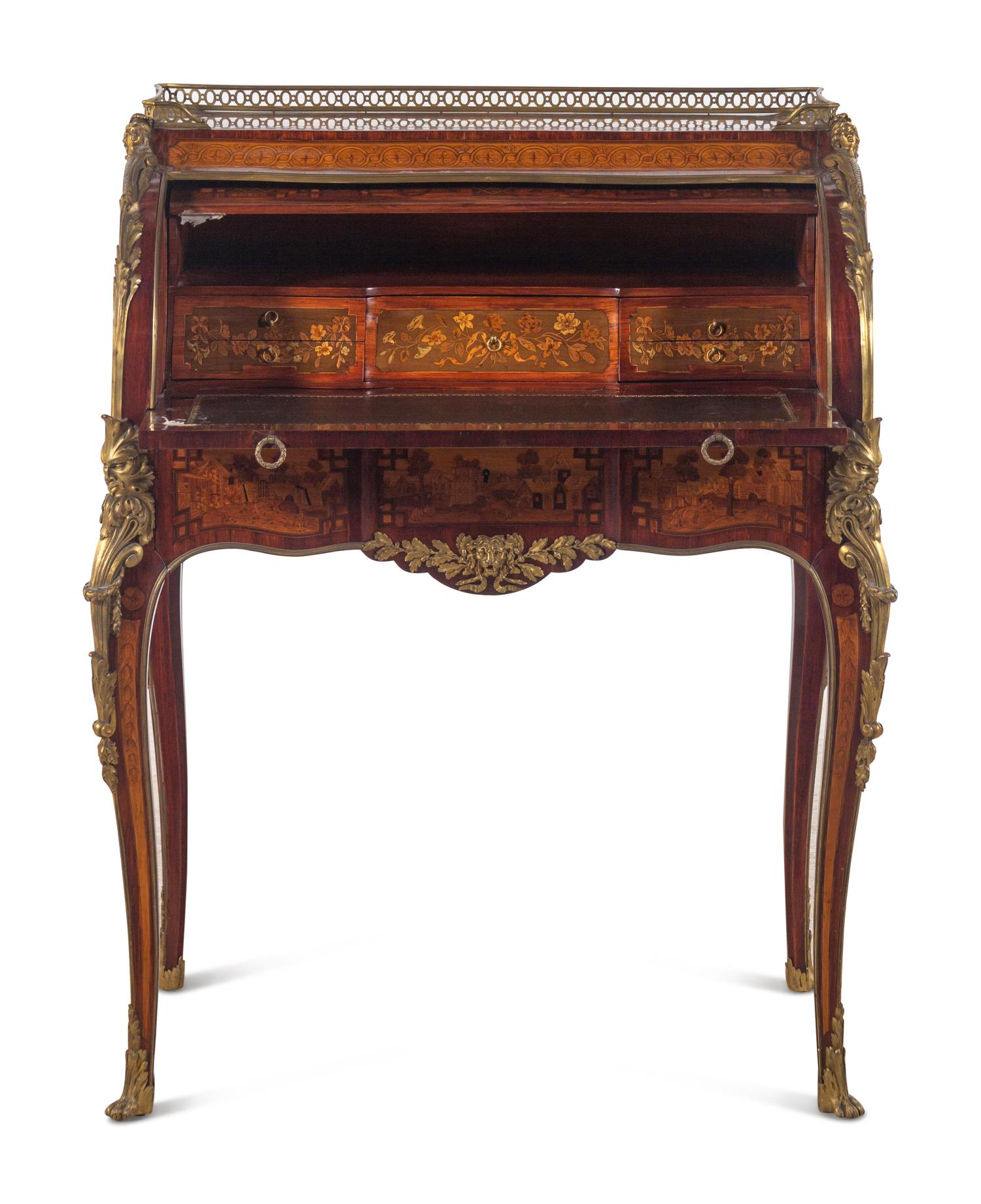 A Louis XV Style Gilt Bronze Mounted Marquetry Cylinder Bureau