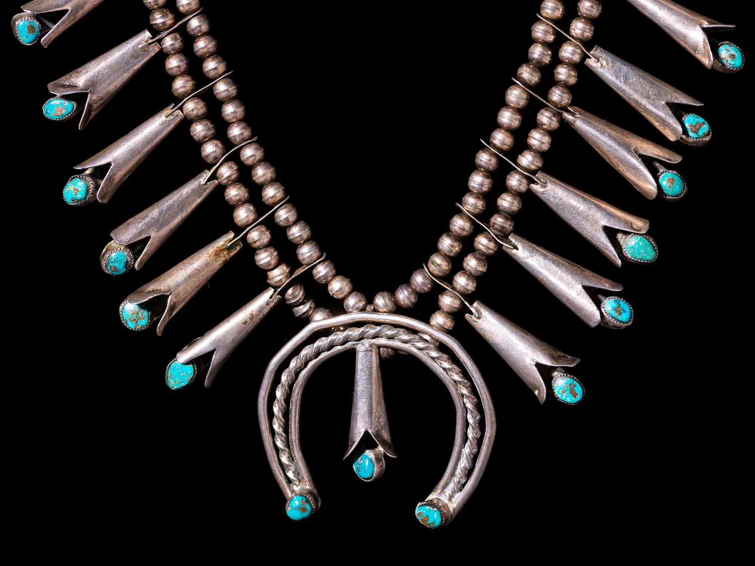 Navajo Silver and Turquoise Squash Blossom Necklace