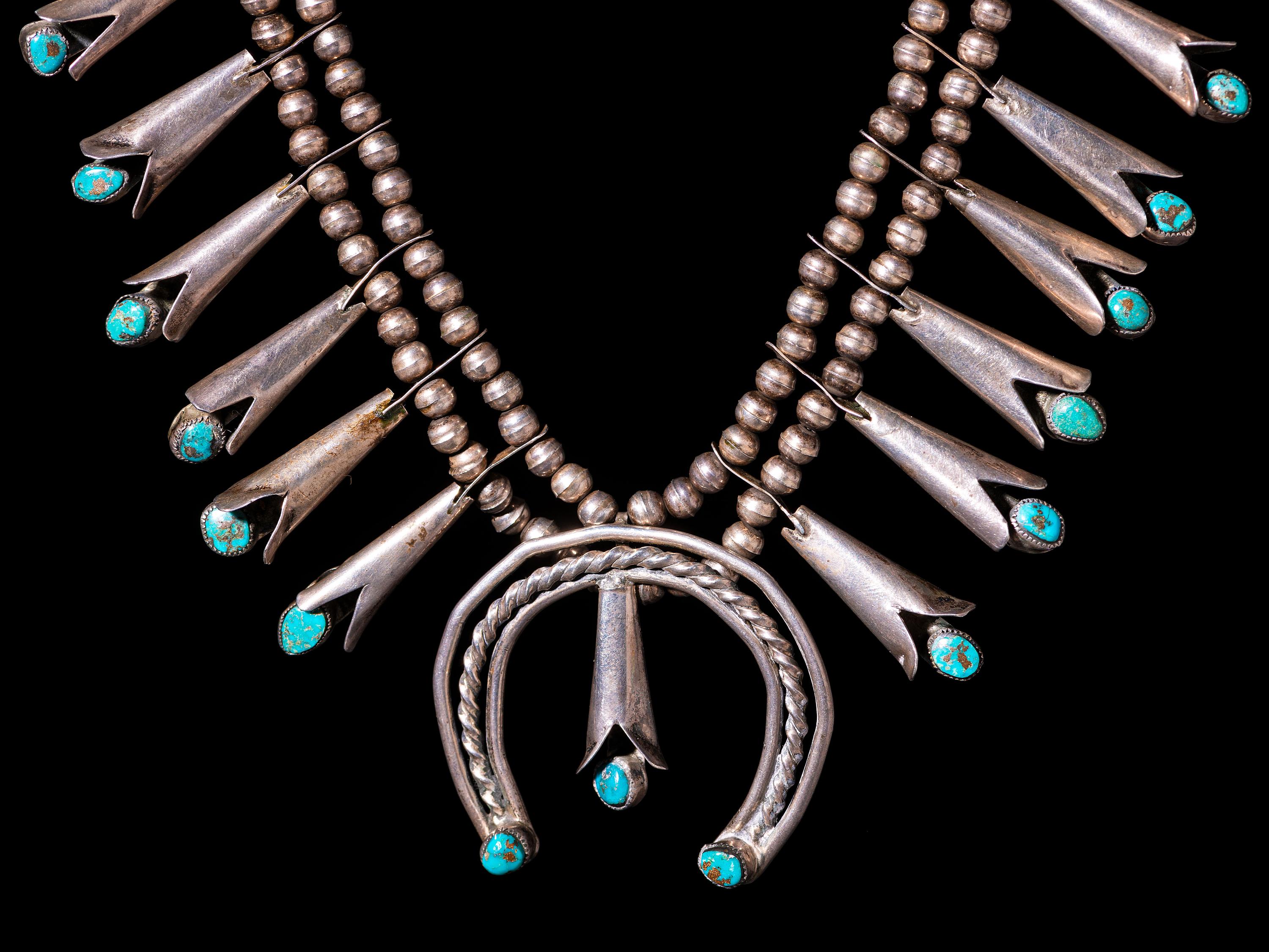 Navajo Silver and Turquoise Squash Blossom Necklace