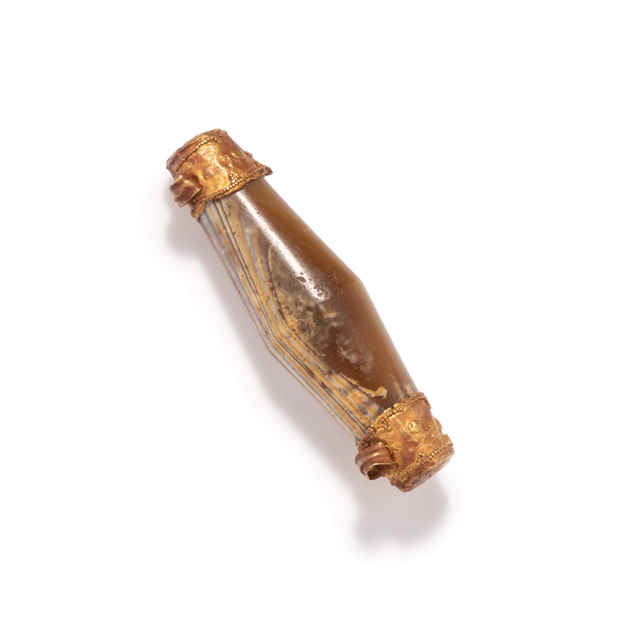 A Western Asiatic Gold and Banded Agate Bead Pendant