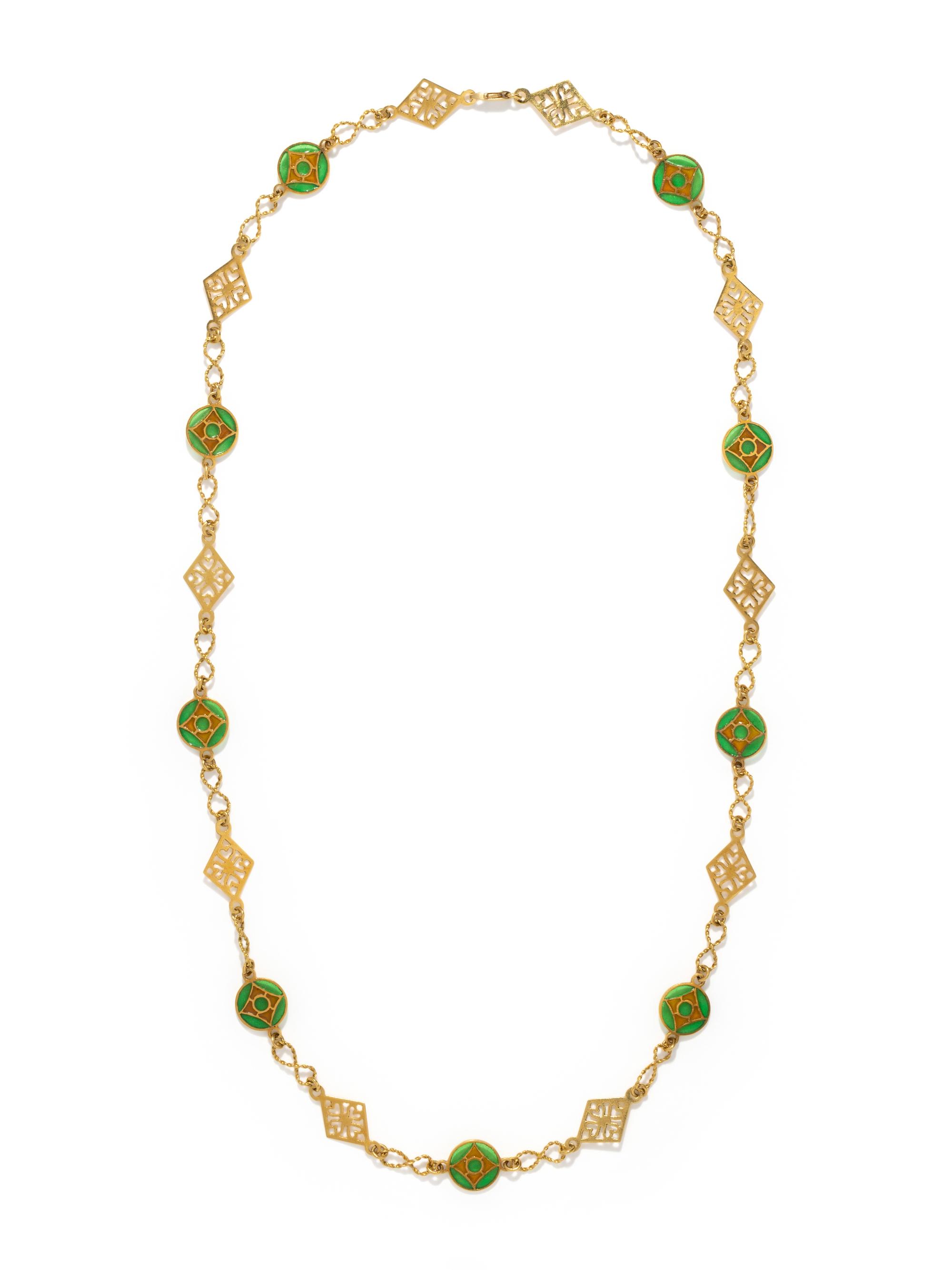 YELLOW GOLD AND PLIQUE-A-JOUR ENAMEL NECKLACE