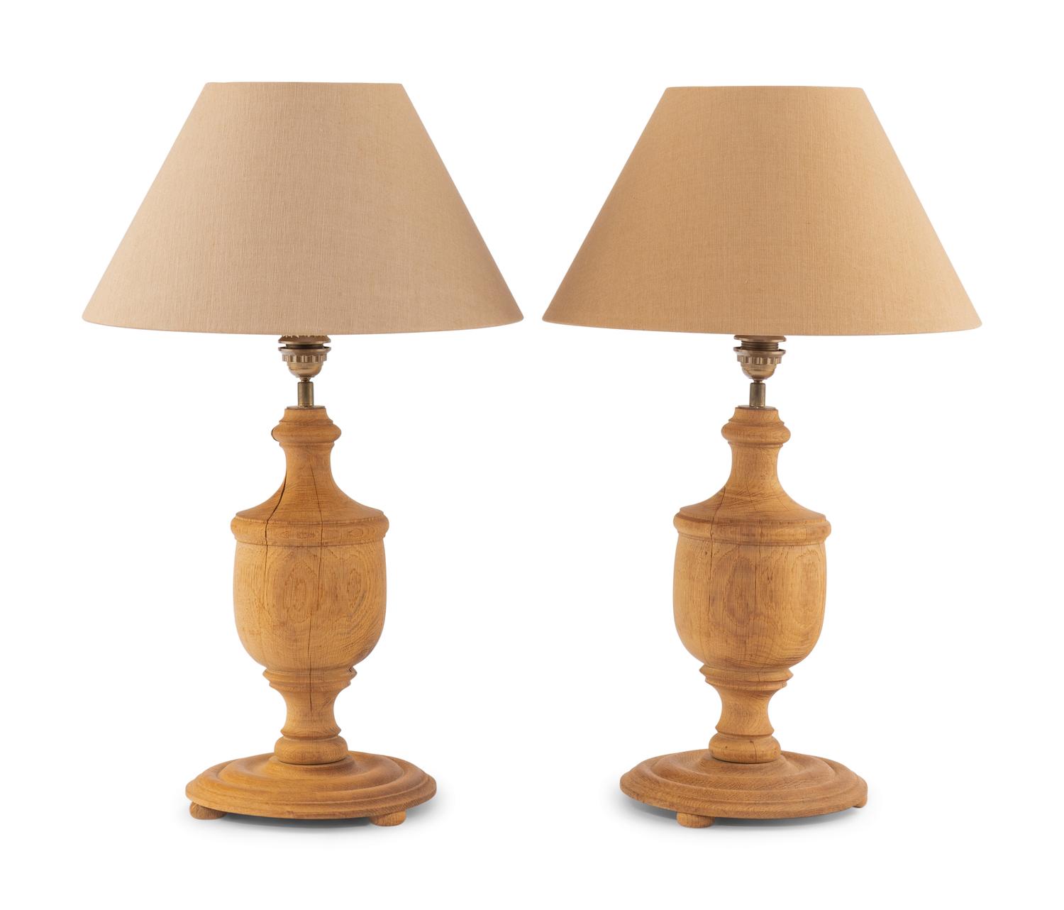 A Pair of Turned Wood Finials Mounted as Lamps