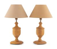 A Pair of Turned Wood Finials Mounted as Lamps