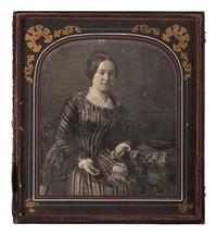 [EARLY PHOTOGRAPHY]. ROOT, Marcus A. (1808-1888), photographer. Irregular half plate daguerreotype of a lovely woman with embellished handbag. Philadelphia, PA: ca 1840s-1850s.