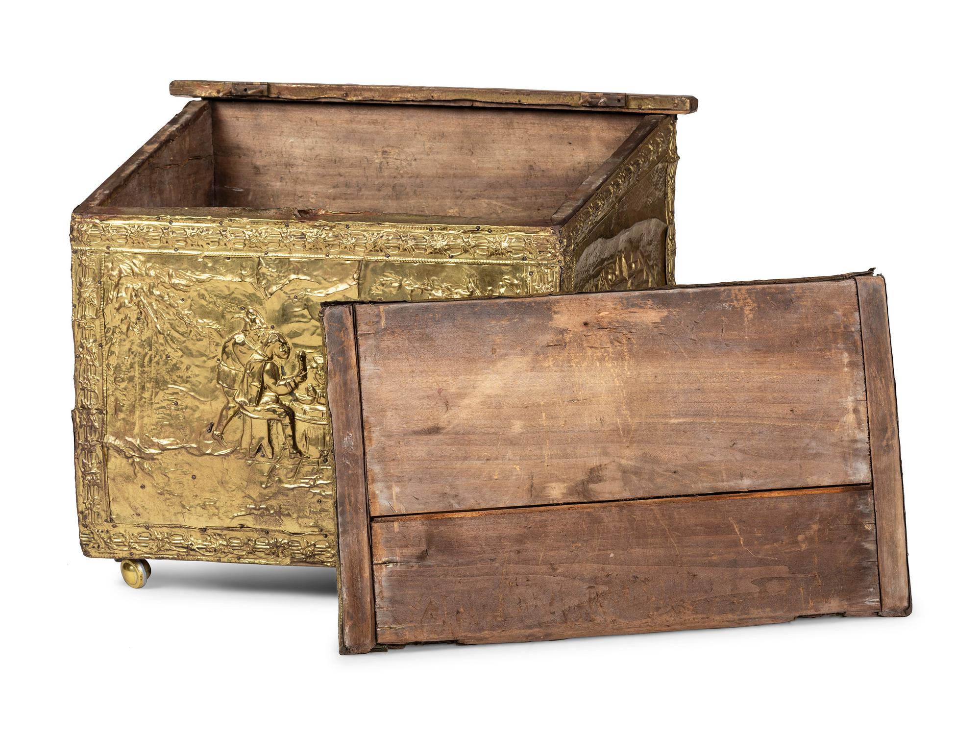 A Neoclassical Hammered Brass Mounted Pine Chest